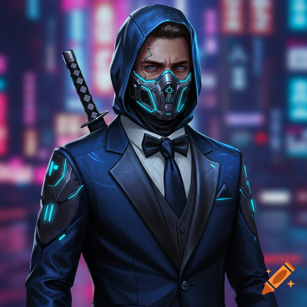 A man in a blue hooded suit and futuristic glowing mask, with a sword on his back, stands against a neon city background.