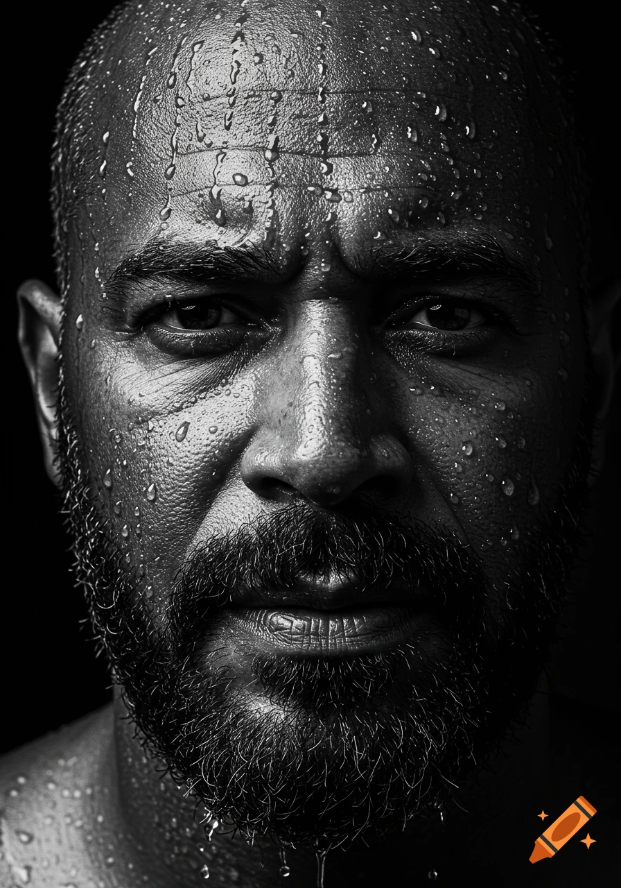 Close-up, high-contrast black and white portrait of a serious man with a beard and water droplets on his face.