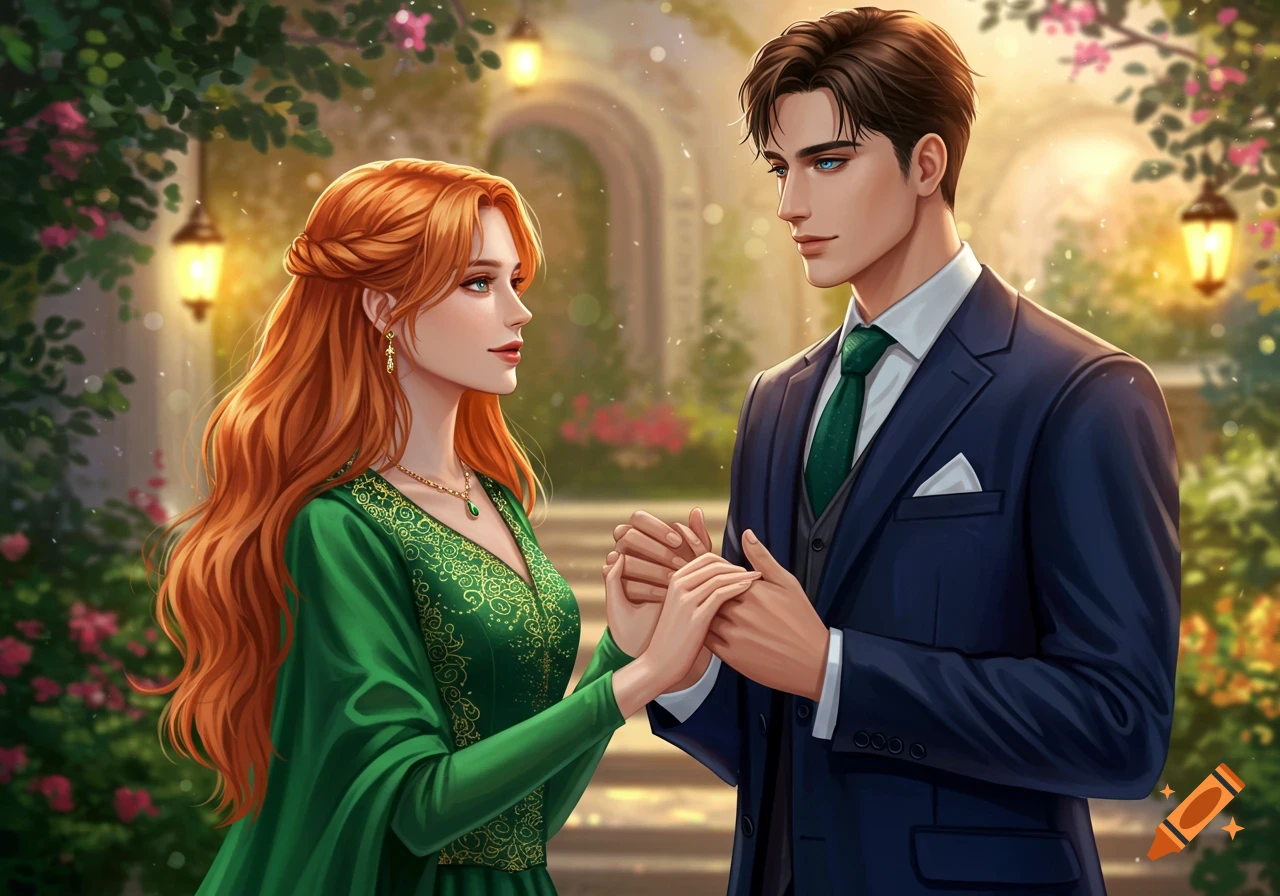 A man and a woman in elegant attire hold hands in a lush garden with lanterns, rendered in a digital art style.