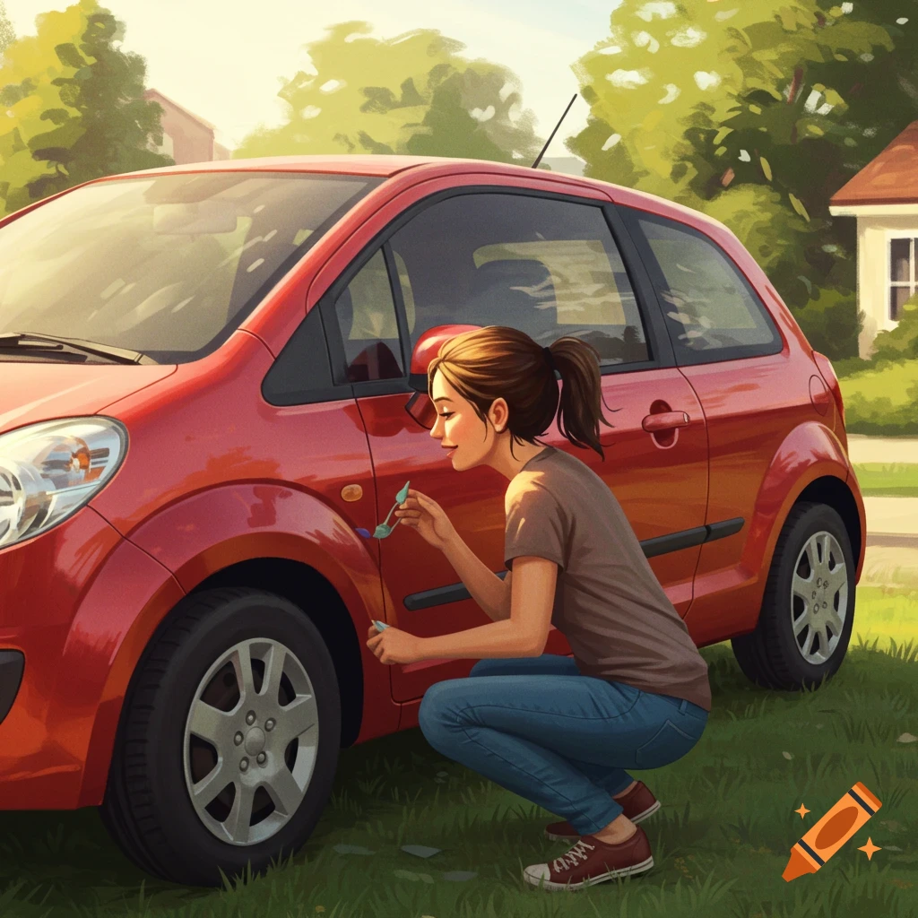 A woman squats beside a red car on a grassy lawn, appearing to clean or inspect its side.