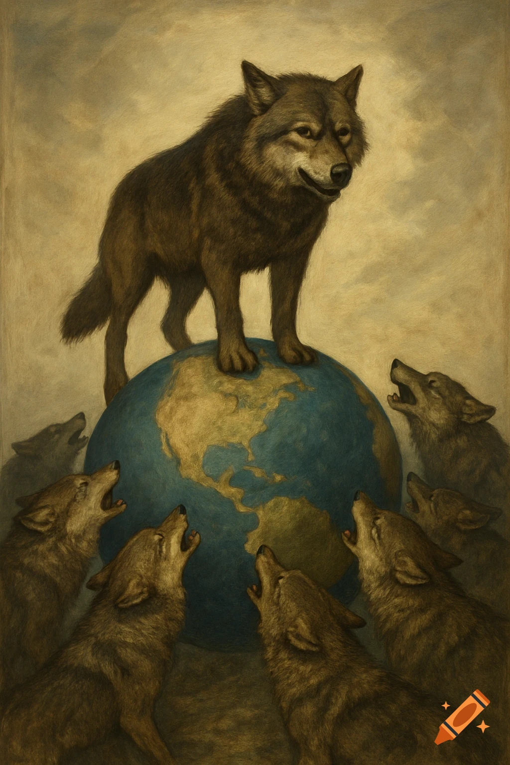 A large brown wolf stands atop a globe as several other wolves howl up at it in a painterly style.