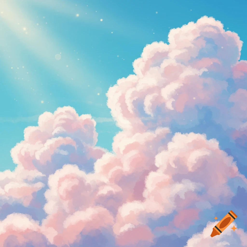 Soft pink and white fluffy clouds fill a vibrant blue sky with sun rays and shimmering particles, in Studio Ghibli style.