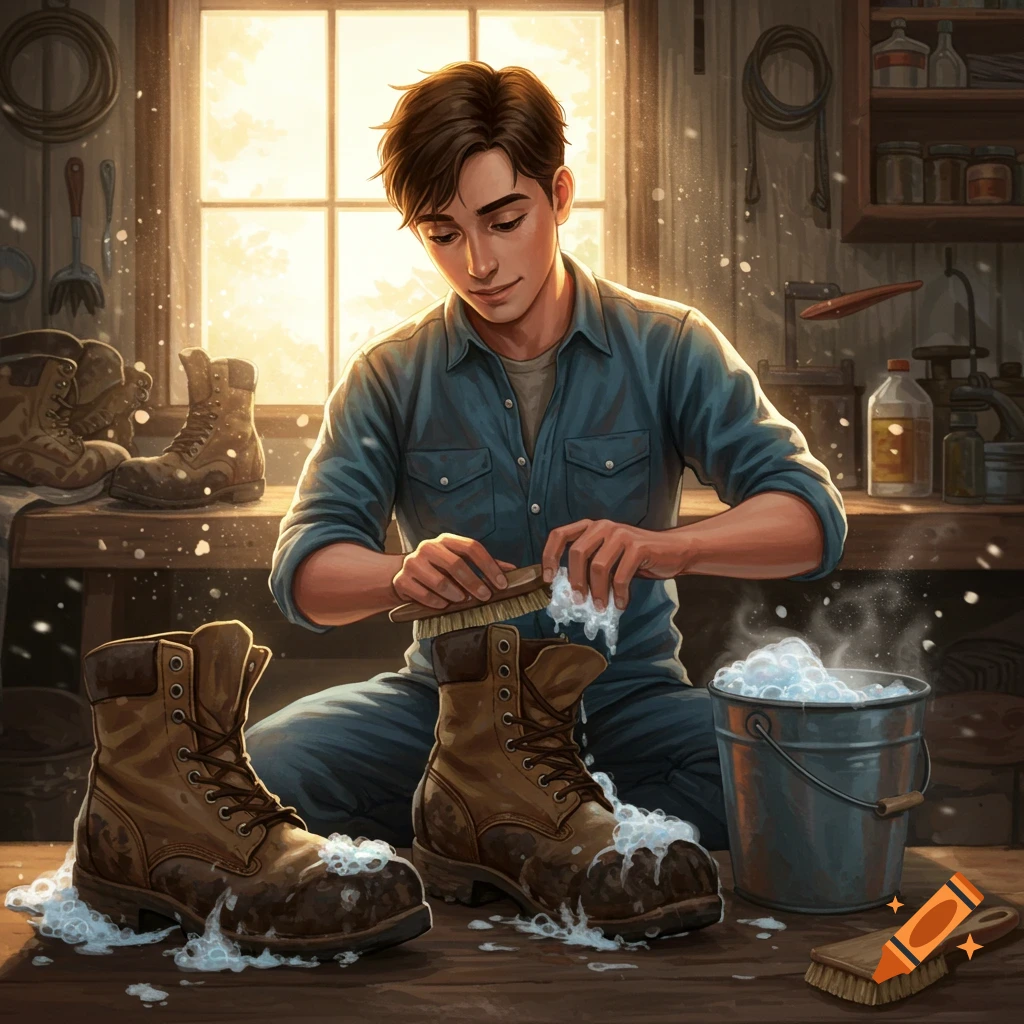 A young man in a denim shirt cleans brown boots with a brush and soapy water in a sunlit workshop.