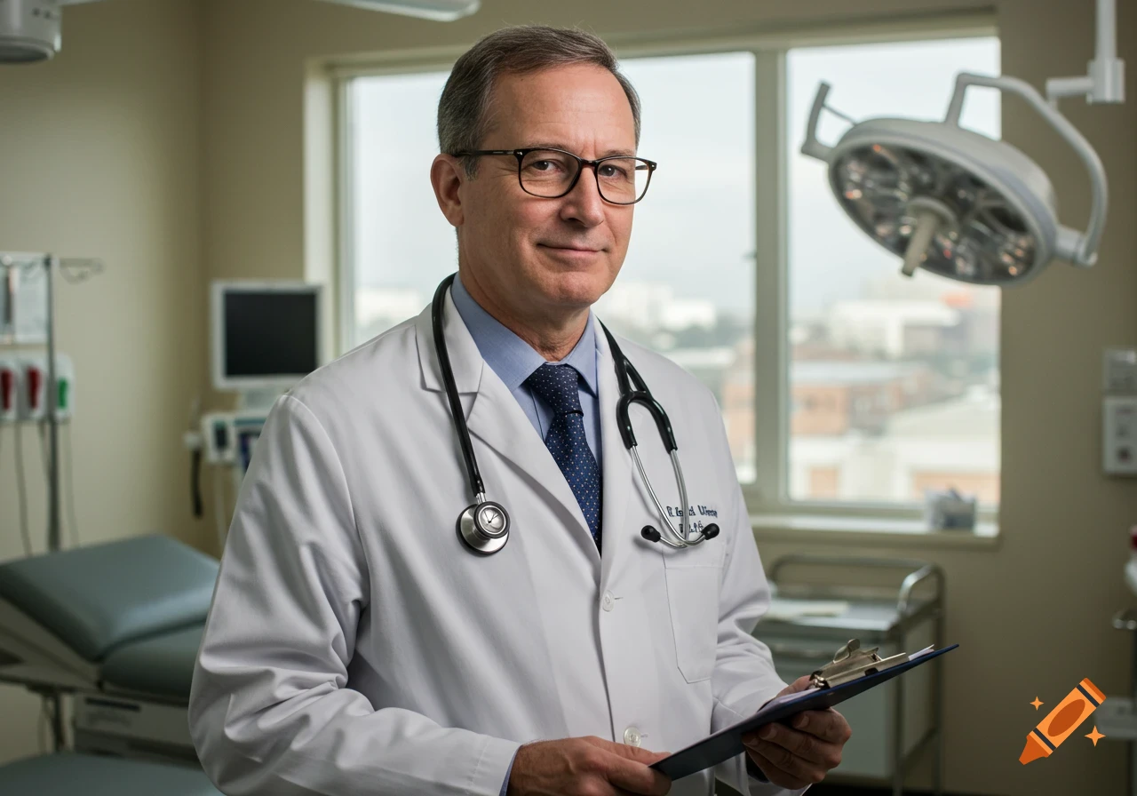 A male doctor in a white lab coat and stethoscope stands in an examination room, holding a clipboard.