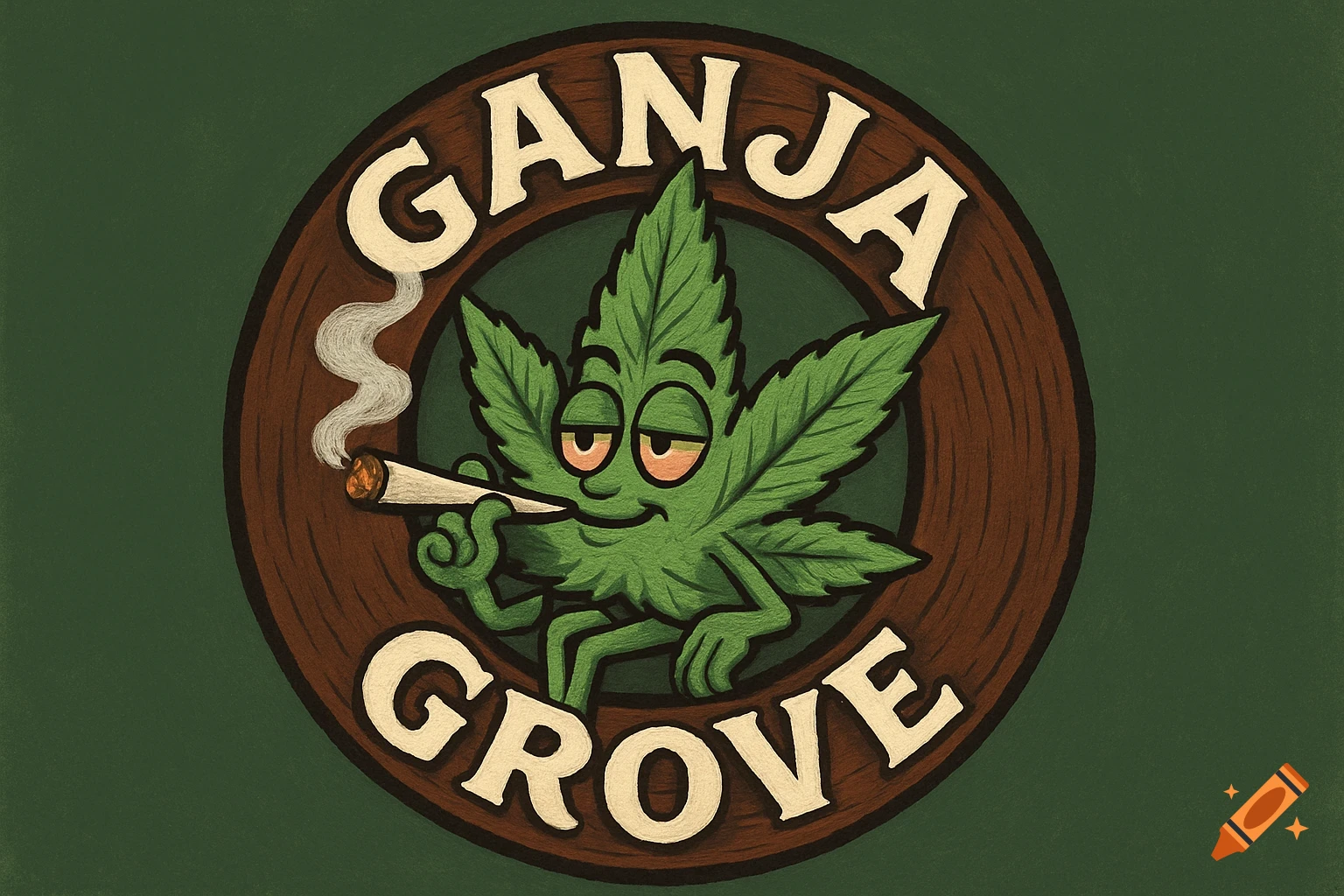 Cartoon cannabis leaf character smoking a joint, inside a circular wooden-textured logo with 'Ganja Grove' text.