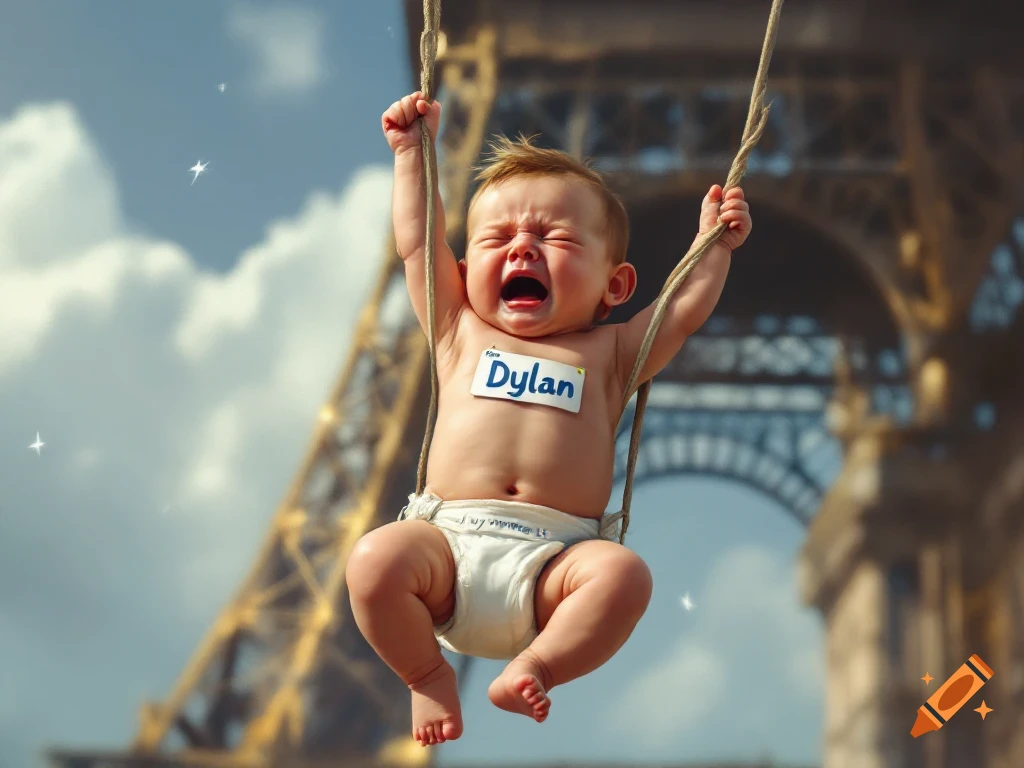 A crying baby wearing a diaper and a "Hello My Name Is Dylan" tag, dangling by ropes with hands raised against the blurred background of the Eiffel Tower and a cloudy sky.