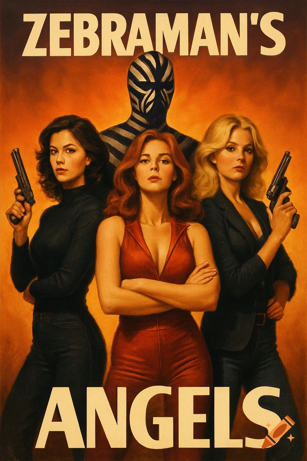 Retro movie poster for 'Zebraman's Angels' featuring three women with guns and a masked figure.