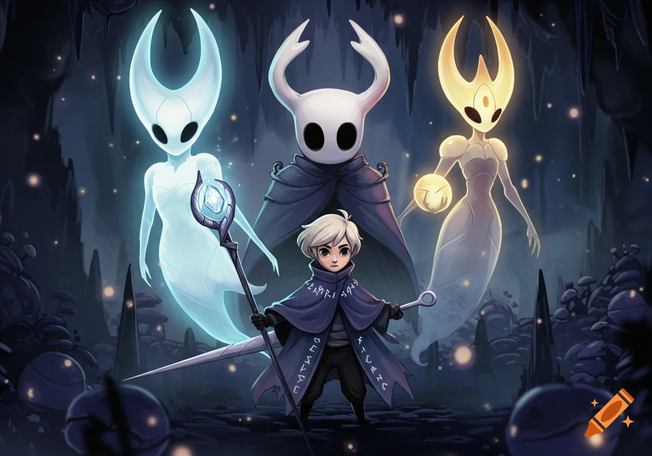 A young wizard with staff and key, flanked by ethereal White Lady, Unn, and Radiance in a dark fantasy cave.