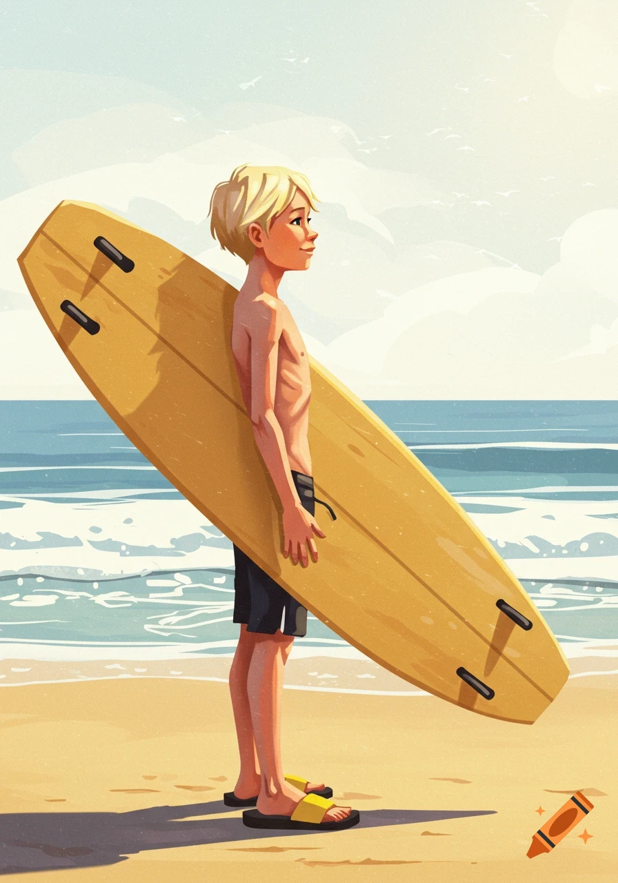 An illustrated skinny blonde boy stands on a sandy beach holding a yellow surfboard, looking out at the ocean.