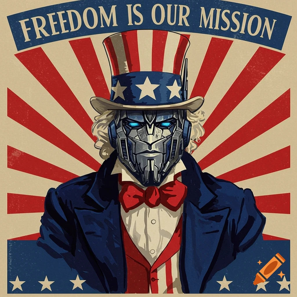 A patriotic poster featuring a robot with glowing blue eyes wearing an Uncle Sam hat and suit, with the text 'FREEDOM IS OUR MISSION' above a red and white striped background.