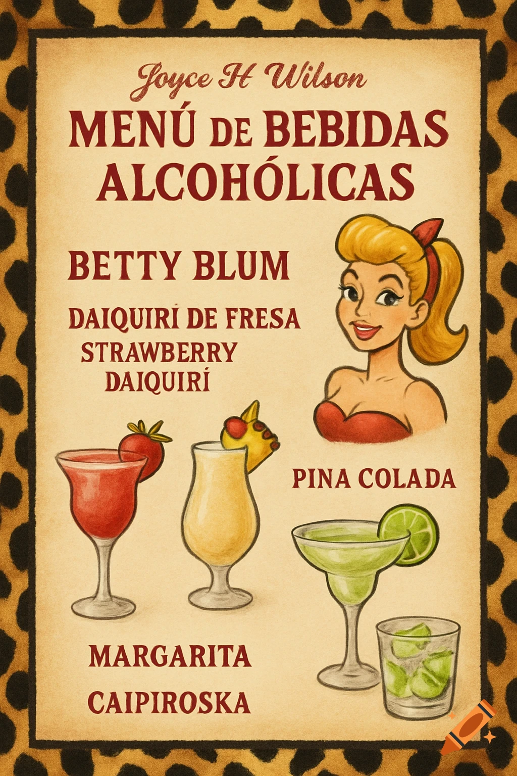 A retro-style menu for alcoholic beverages with a leopard print border, featuring a cartoon woman and illustrations of different cocktails like daiquiris, piña coladas, and margaritas.