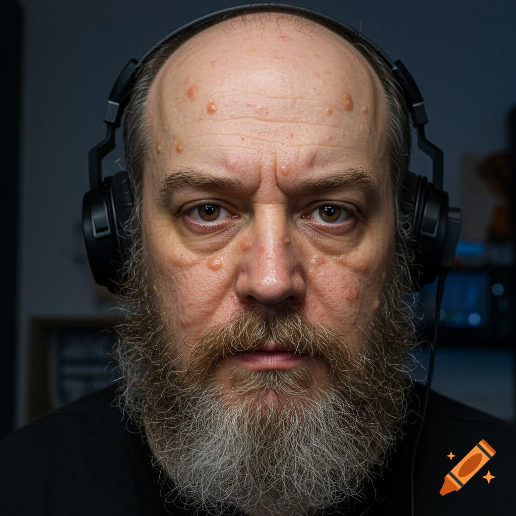 Hyper-realistic close-up portrait of a balding man with a grey beard and headphones, showing detailed skin texture and boils.