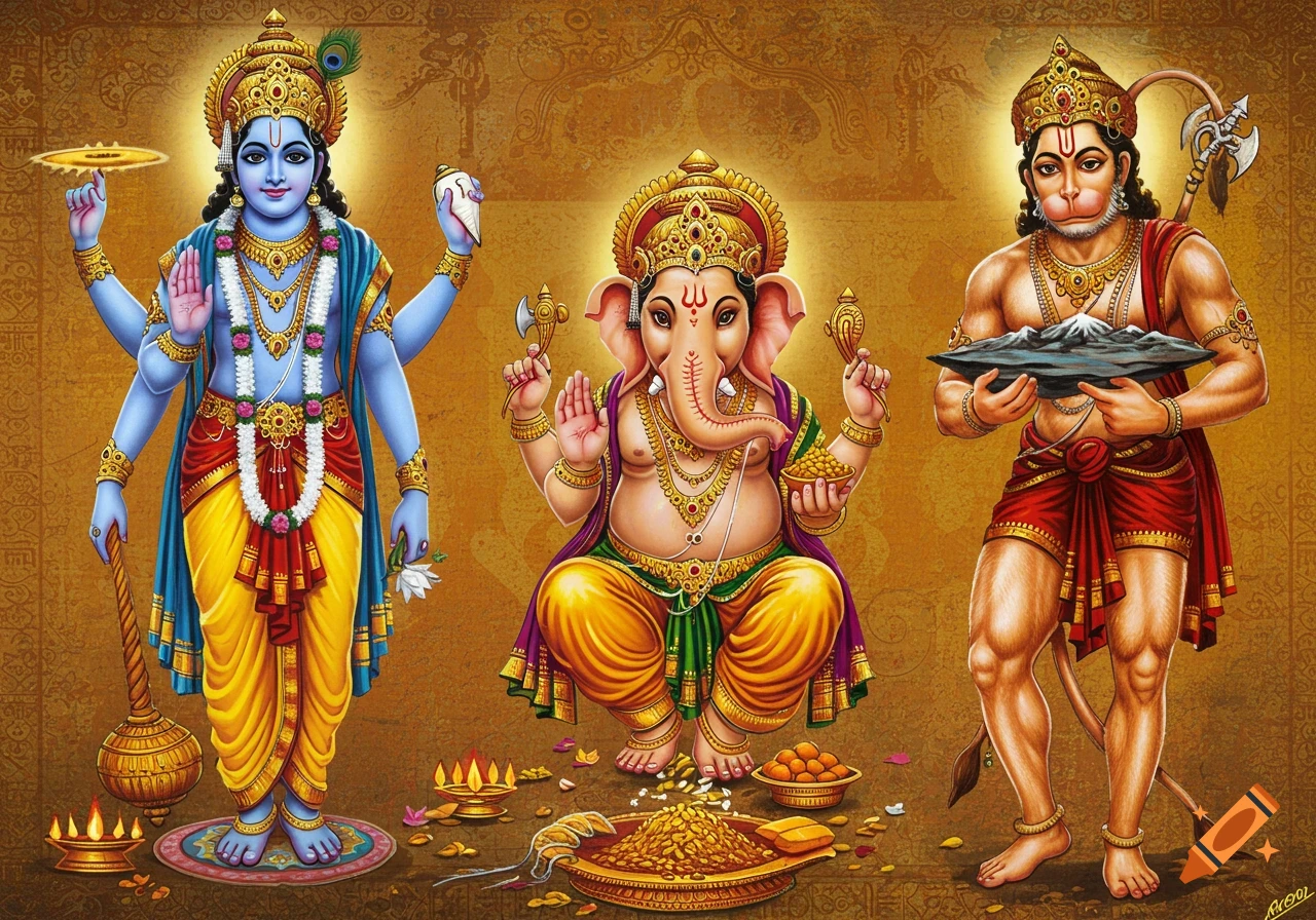 Digital illustration of the Hindu deities Vishnu, Ganesha, and Hanuman standing and seated, with offerings, against a golden background.