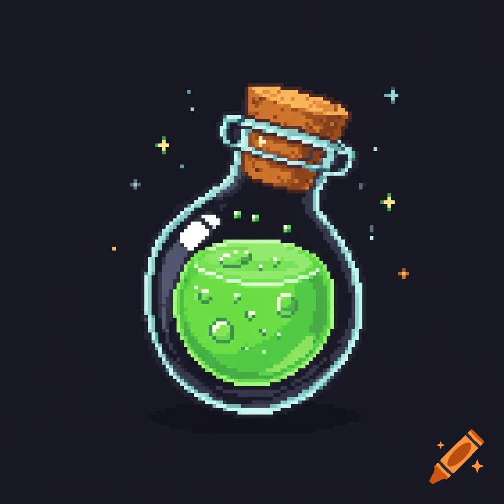 A pixel art illustration of a green health potion in a corked bottle, glowing slightly with small sparkles around it.