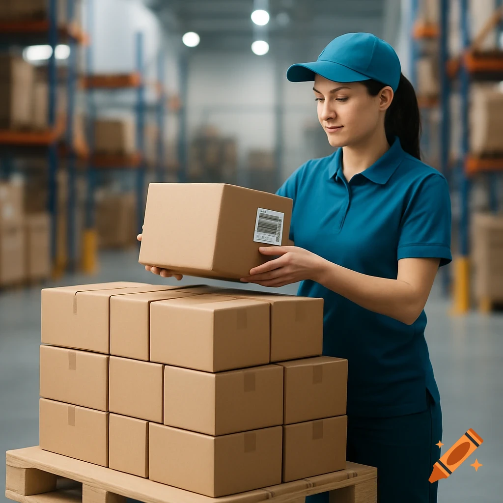 A female logistics worker in a blue uniform and cap carefully stacks cardboard boxes on a pallet in a well-lit warehouse.