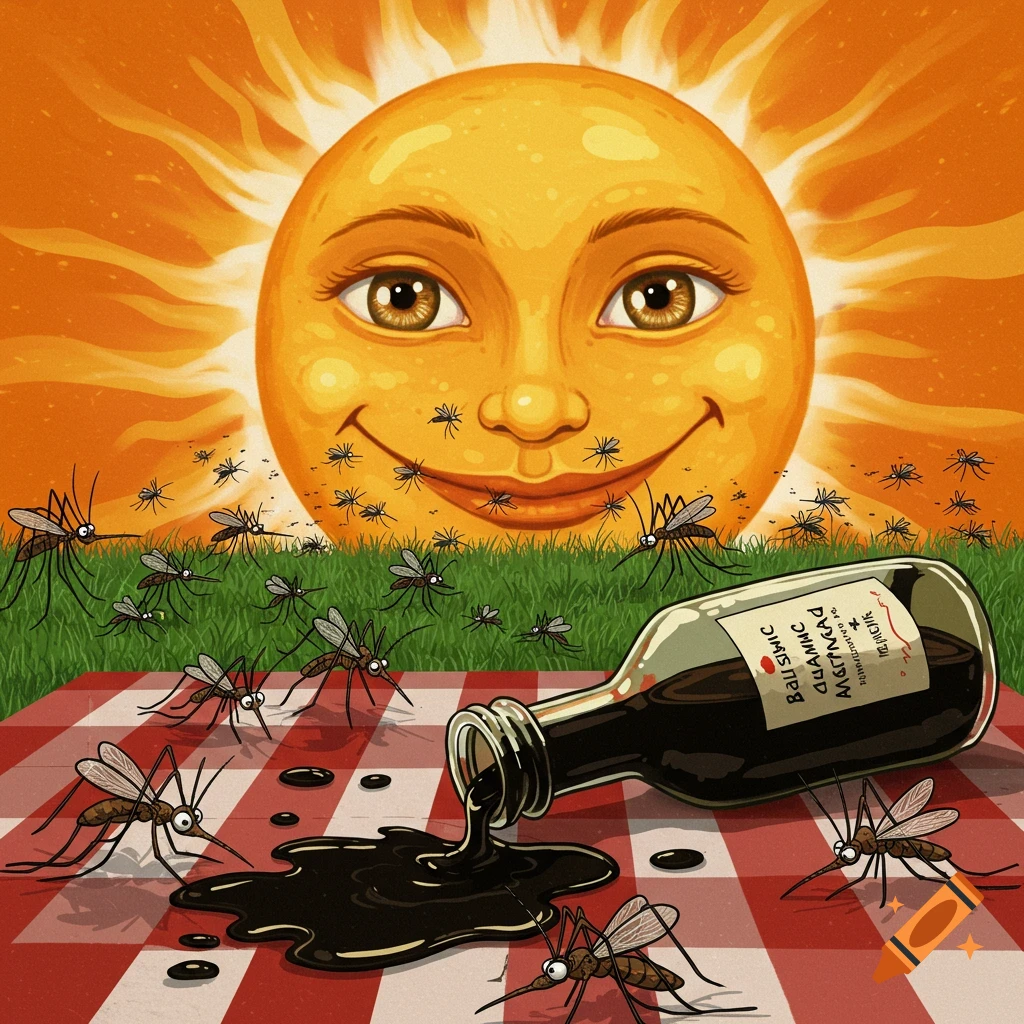 Cartoon sun oversees mosquitos swarming around spilled balsamic vinegar on a checkered picnic blanket in the grass.