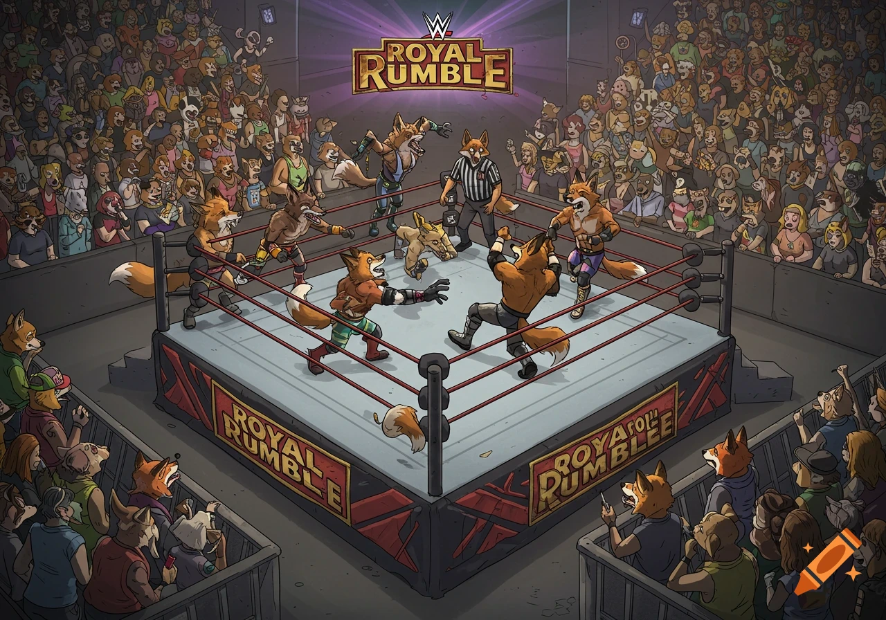Cartoon illustration of anthropomorphic fox wrestlers in a WWE Royal Rumble match with a large audience.
