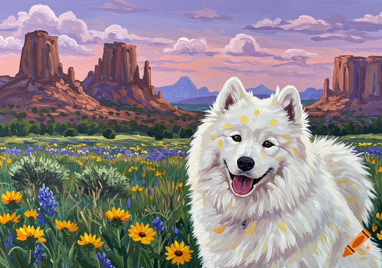 A colorful painting of a fluffy white Samoyed dog smiling in a field of wildflowers with red rock mountains and a pink-purple sky.