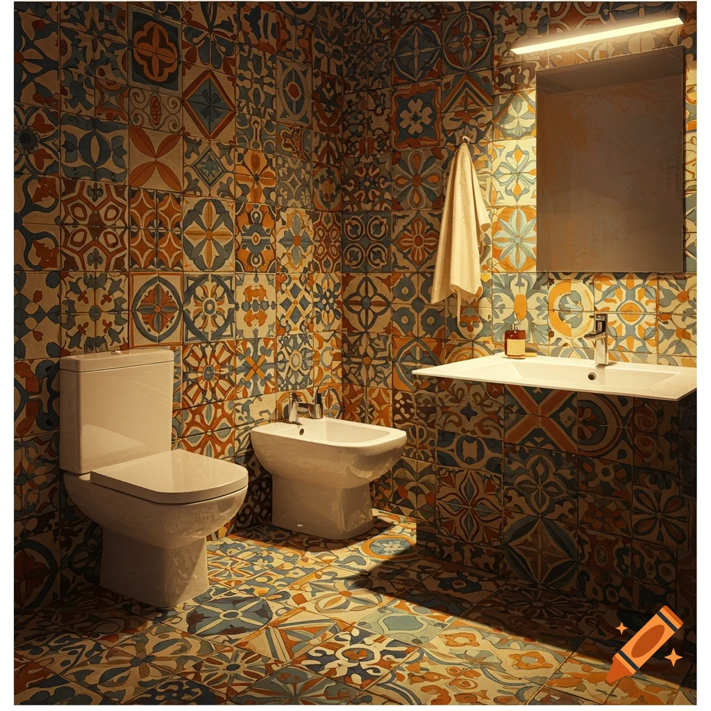 A bathroom with colorful patterned tiles on the walls and floor, featuring a toilet, bidet, sink, and mirror.