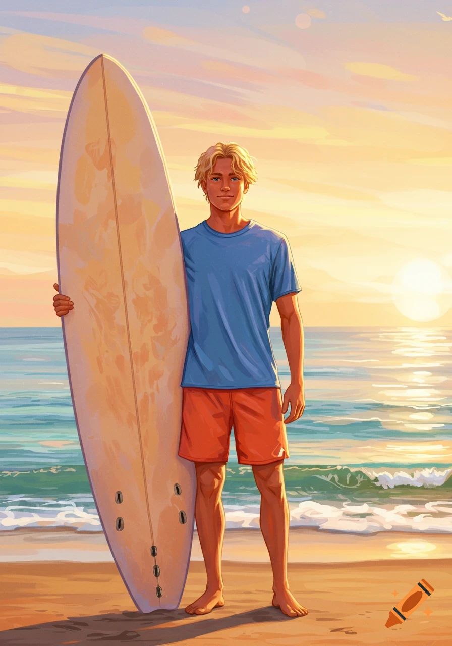 Illustrated man with blonde hair and a surfboard standing on a beach at sunset.