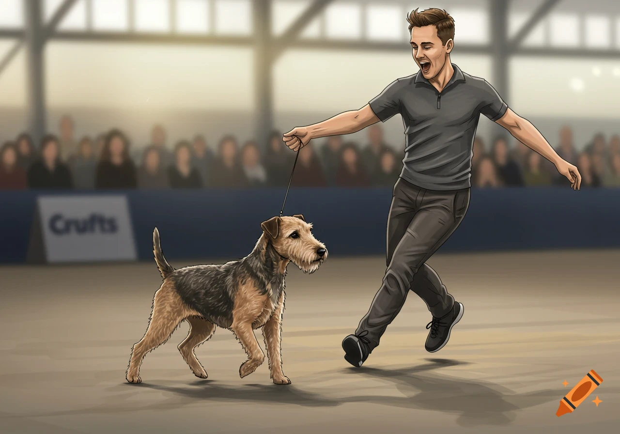 An illustrated man and a Tenterfield Terrier dog performing a heelwork routine at a Crufts competition.