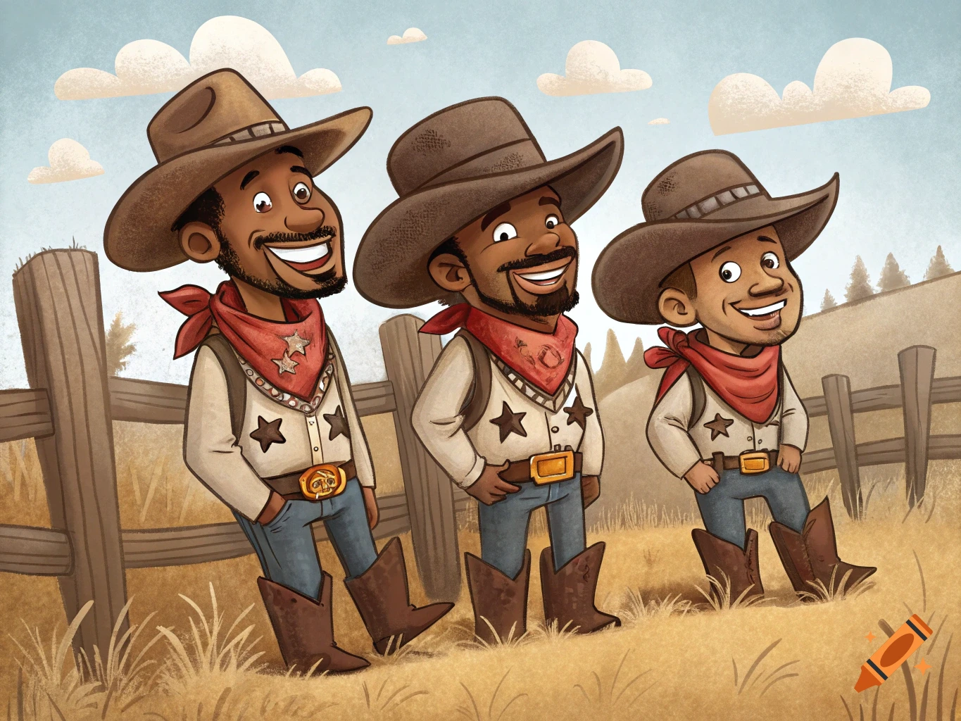 Three cartoon men resembling brothers, dressed as cowboys, stand smiling by a wooden fence in a grassy field.