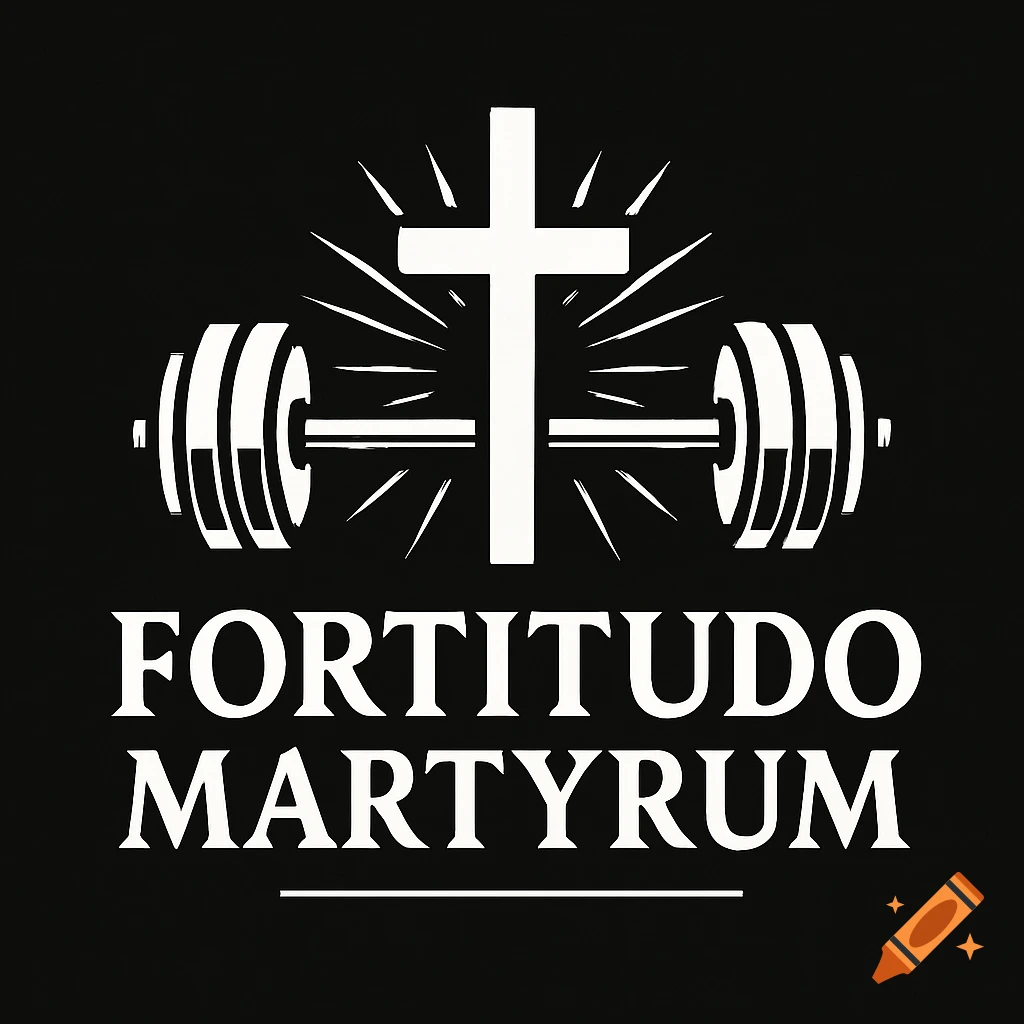 Black and white logo with a cross integrated into a dumbbell, above the text 'FORTITUDO MARTYRUM'.