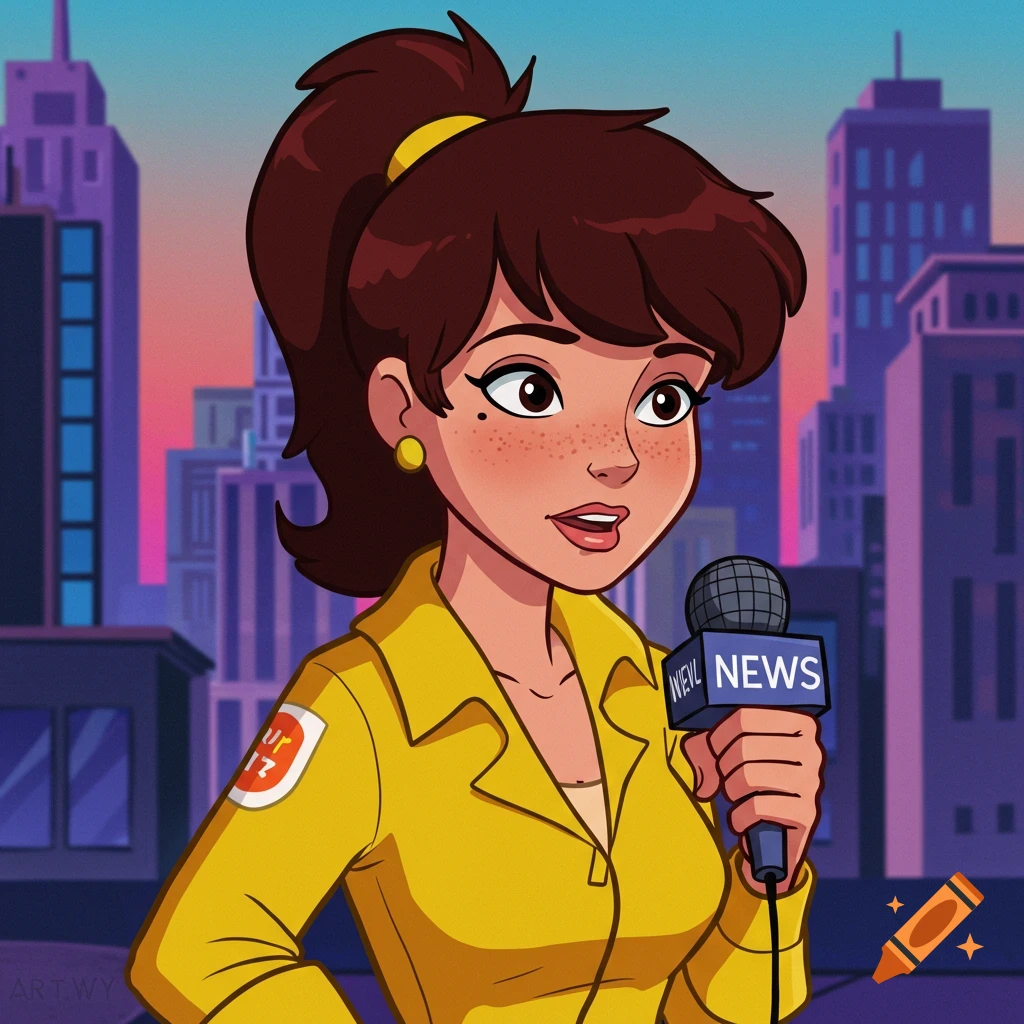 Cartoon illustration of April O'Neil, a woman with brown hair and freckles, wearing a yellow shirt, holding a microphone, in front of a city skyline.