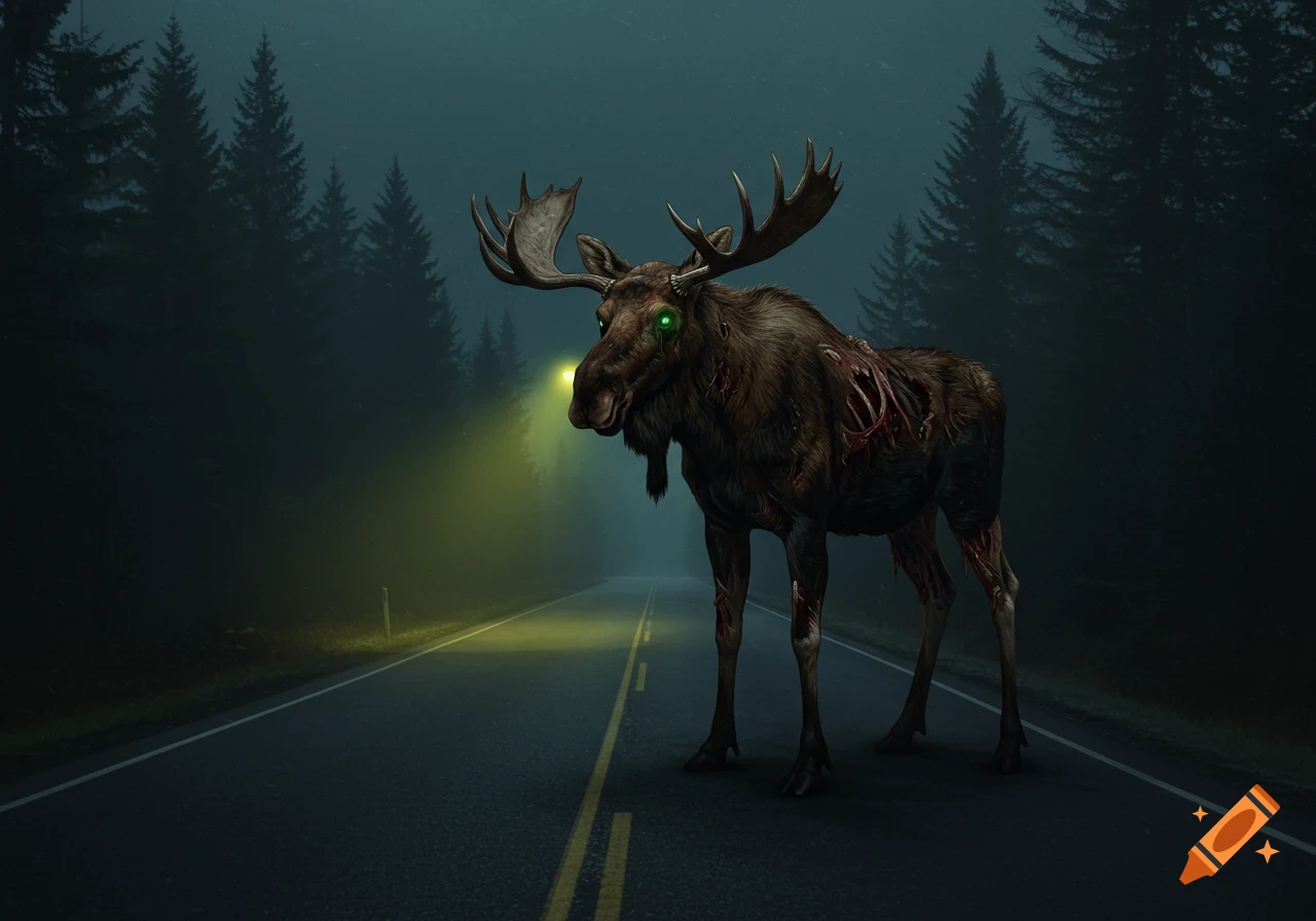 A terrifying zombie moose with glowing green eyes stands on a foggy road at night, illuminated by distant headlights, with dark pine trees.