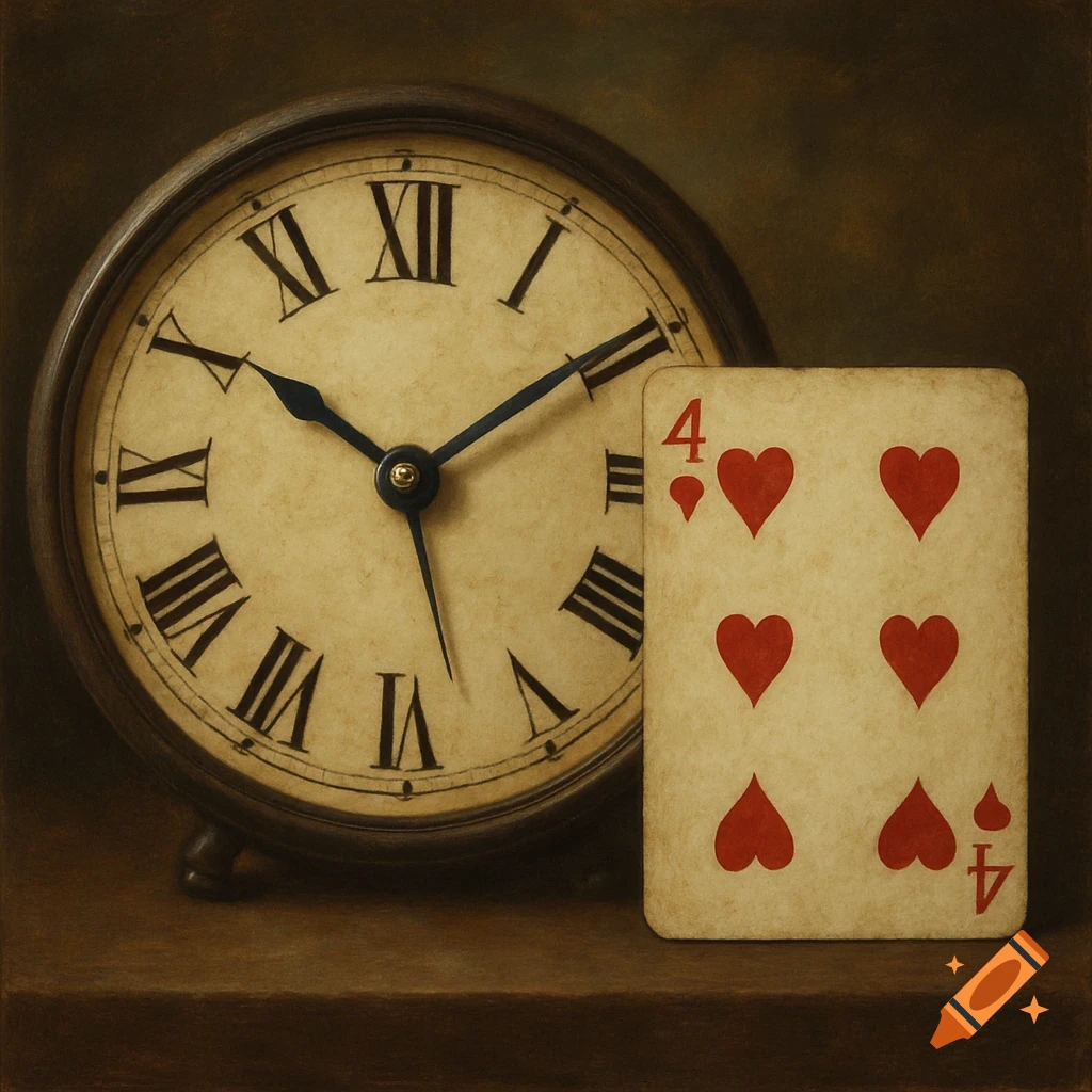 A vintage clock with Roman numerals and a worn 4 of hearts playing card rest on a dark wooden surface.