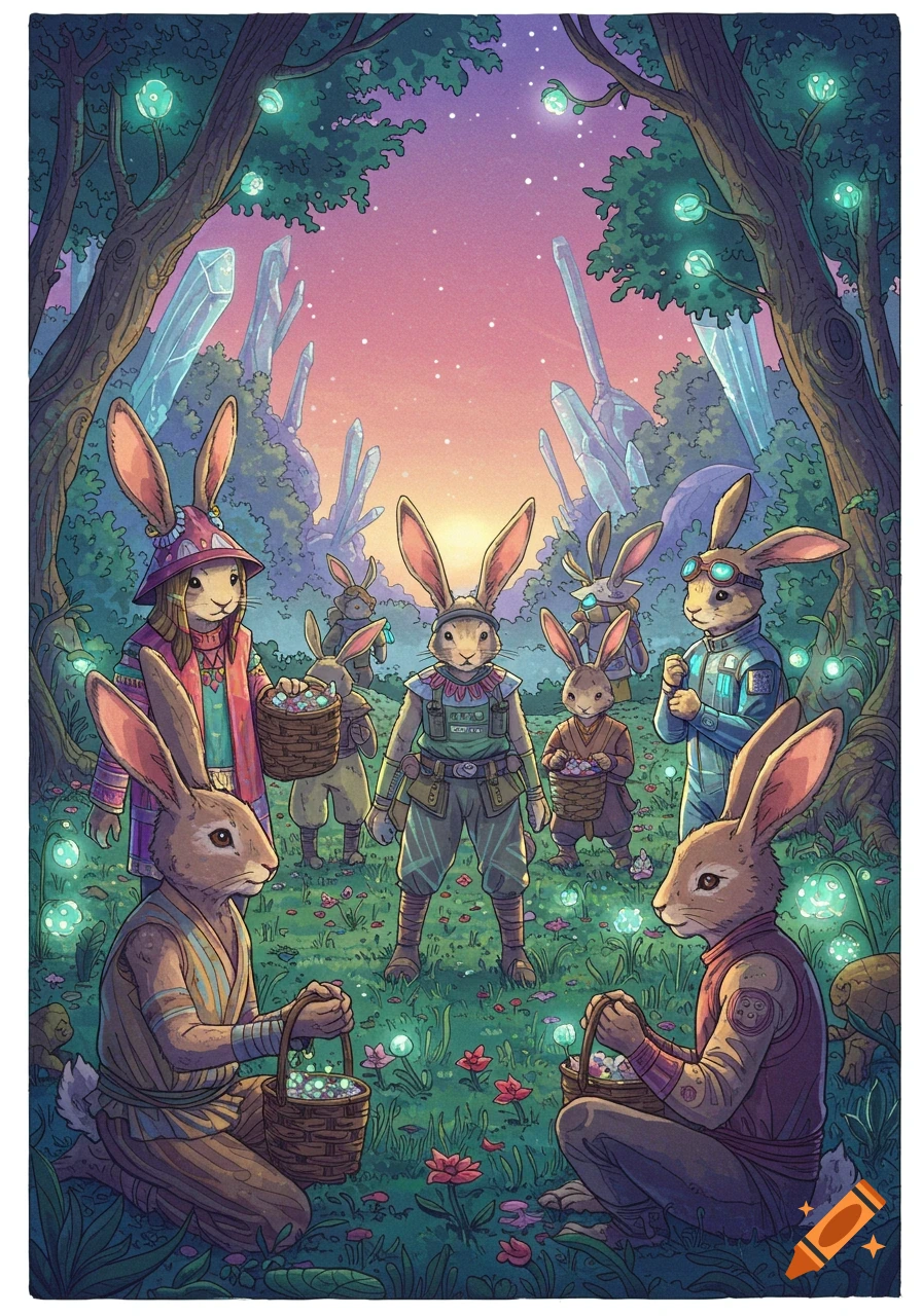Anthropomorphic rabbit people with baskets in a vibrant fantasy forest with glowing crystals and plants at sunset, illustration style.