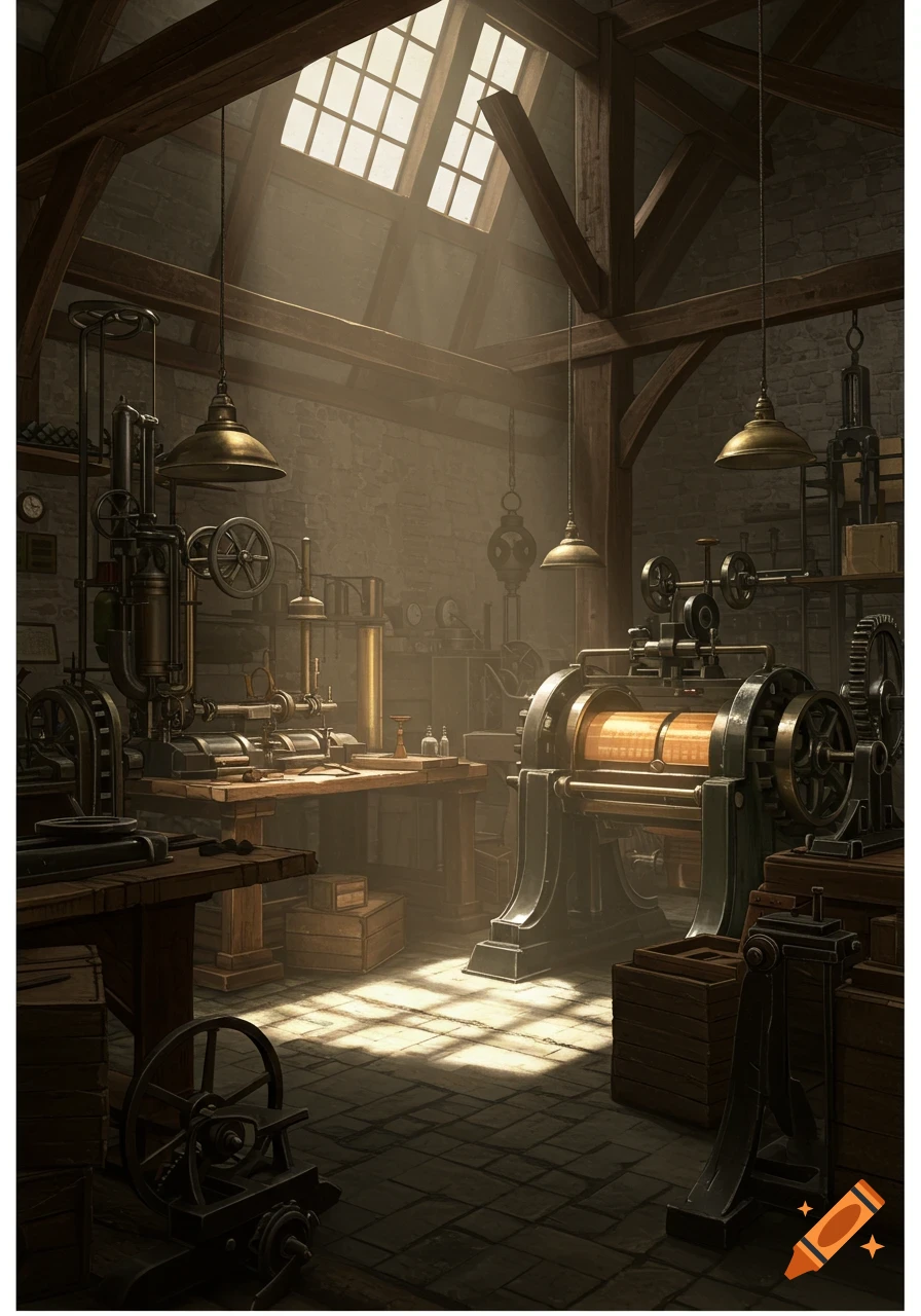Sunlit view of an old industrial workshop with intricate vintage machinery and tools.