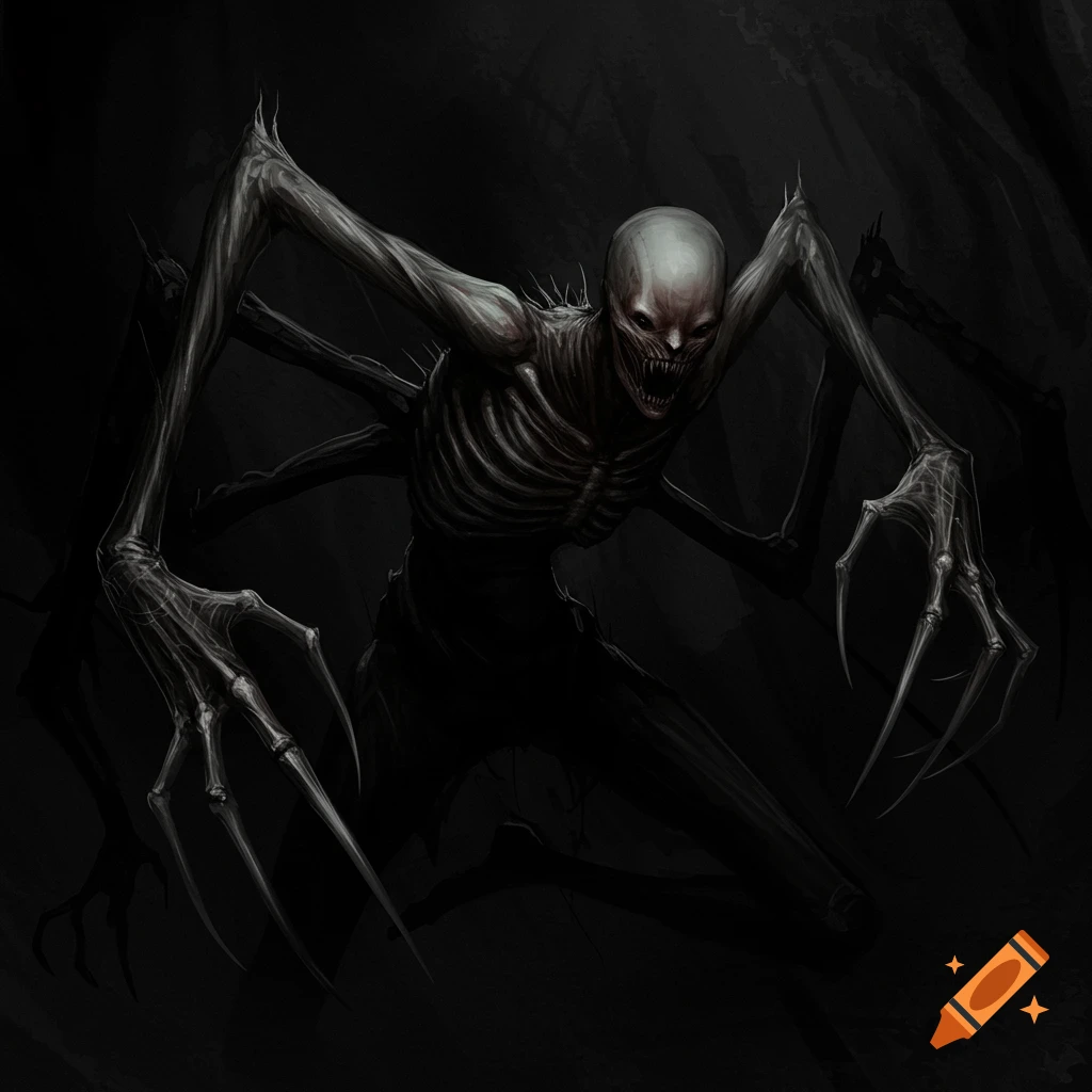 A terrifying skeletal horror creature with long, sharp claws and a menacing face emerges from the darkness.