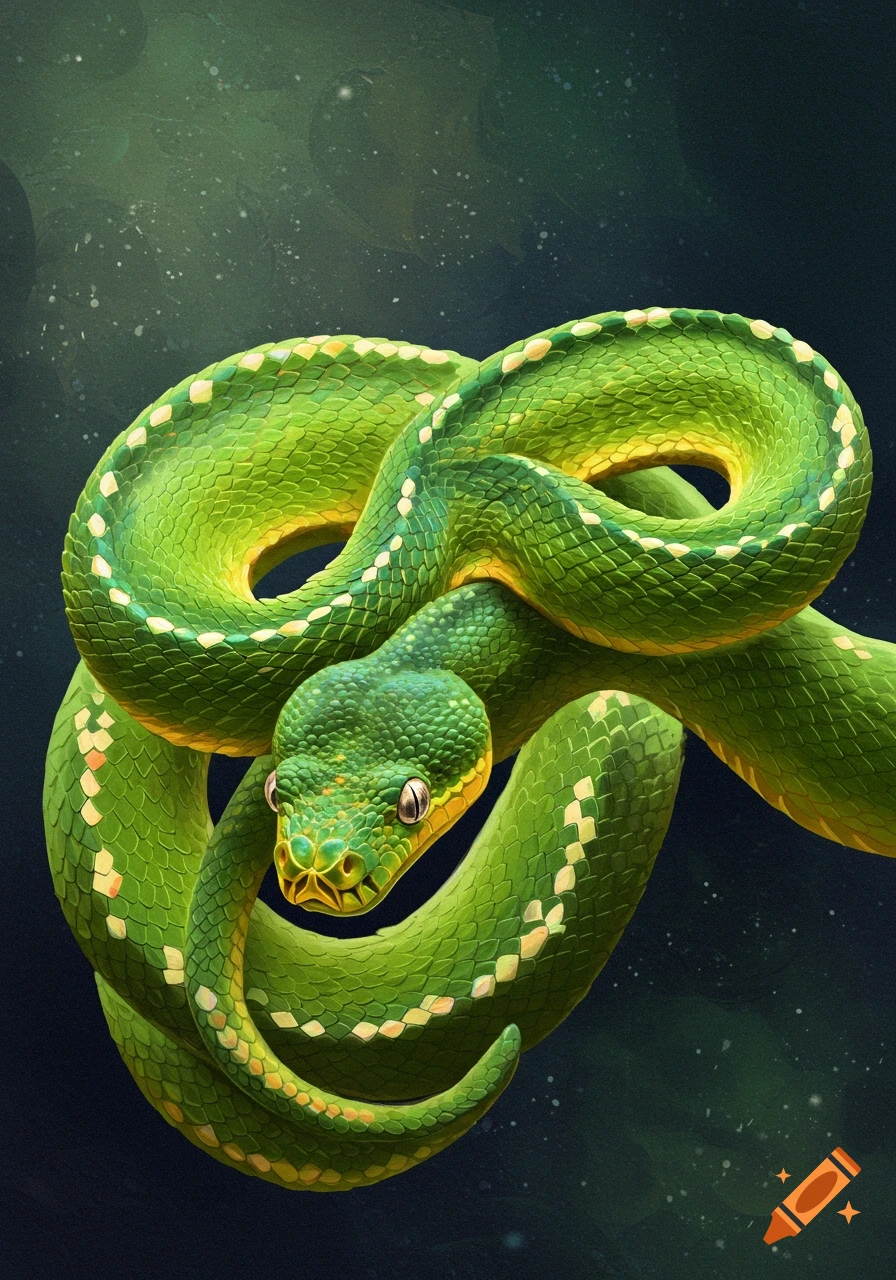 A detailed green snake with yellow markings coiled against a dark, speckled background.