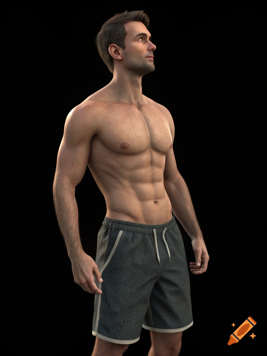 A photorealistic 3D render of a muscular man wearing shorts, looking to the side against a black background.
