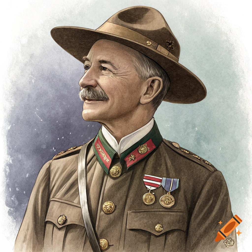 Illustrated portrait of a man with a mustache, wearing a brown military uniform and hat with medals.