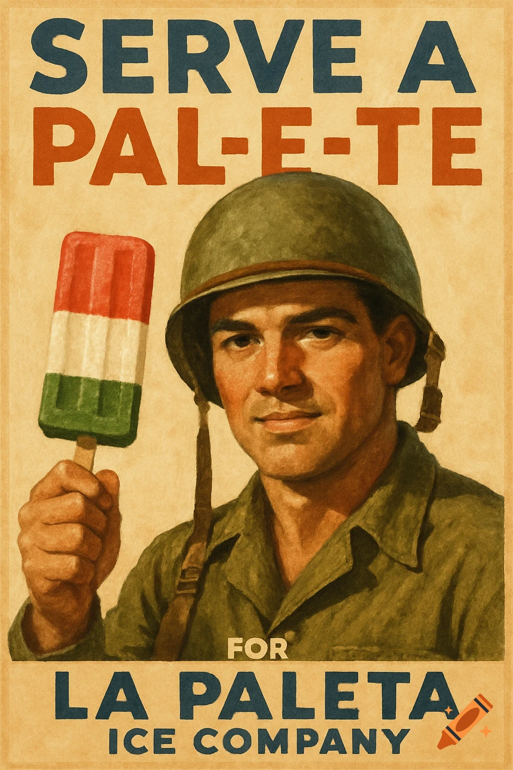 A vintage-style poster depicting a soldier in a helmet holding a red, white, and green popsicle. Text reads "SERVE A PAL-E-TE FOR LA PALETA ICE COMPANY".