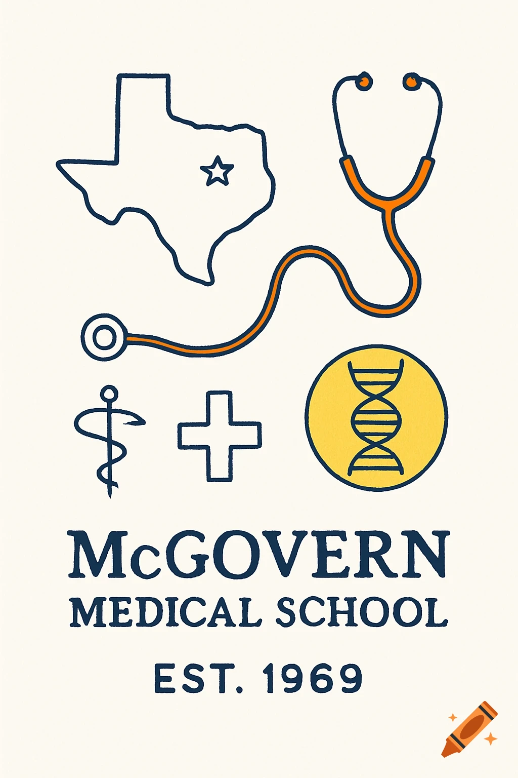 Minimalist line art logo for McGovern Medical School with Texas outline, stethoscope, and medical symbols.