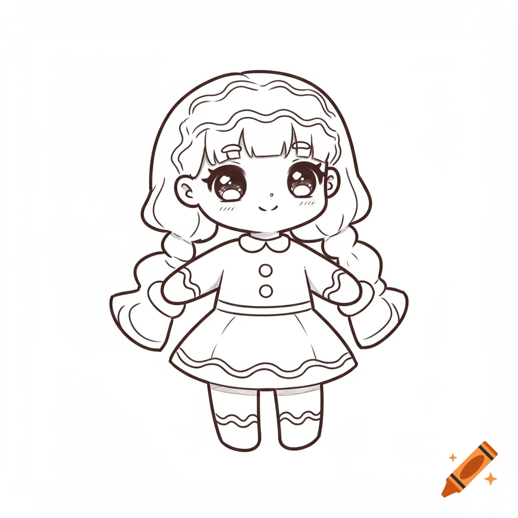 Kawaii line art of a smiling gingerbread girl with big eyes and braided pigtails, suitable for coloring.