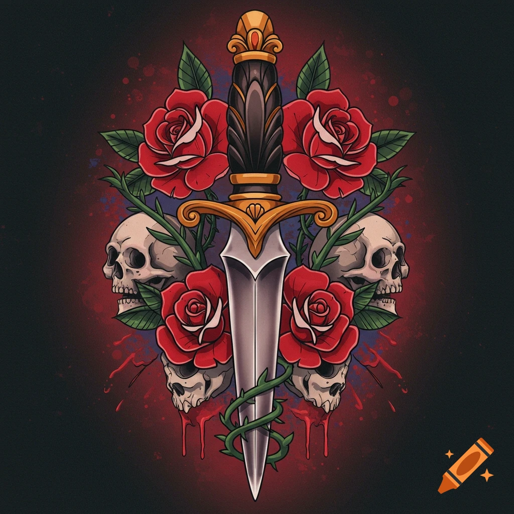 Neo-traditional tattoo illustration of a dagger intertwined with thorny vines, surrounded by red roses and skulls, against a dark, blood-splattered background.