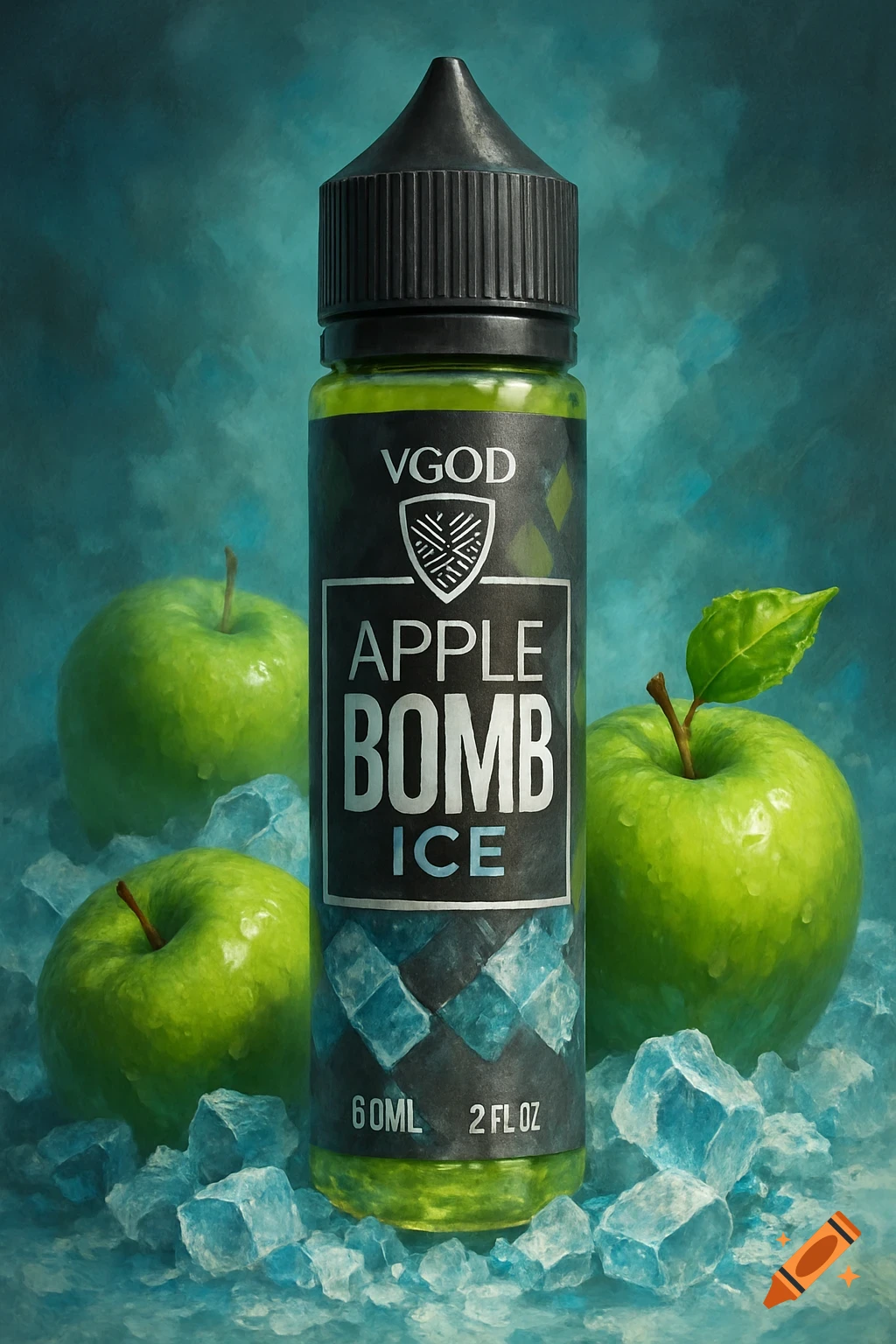 A green bottle of 'VGOD APPLE BOMB ICE' liquid stands among green apples and ice cubes on a blue background.