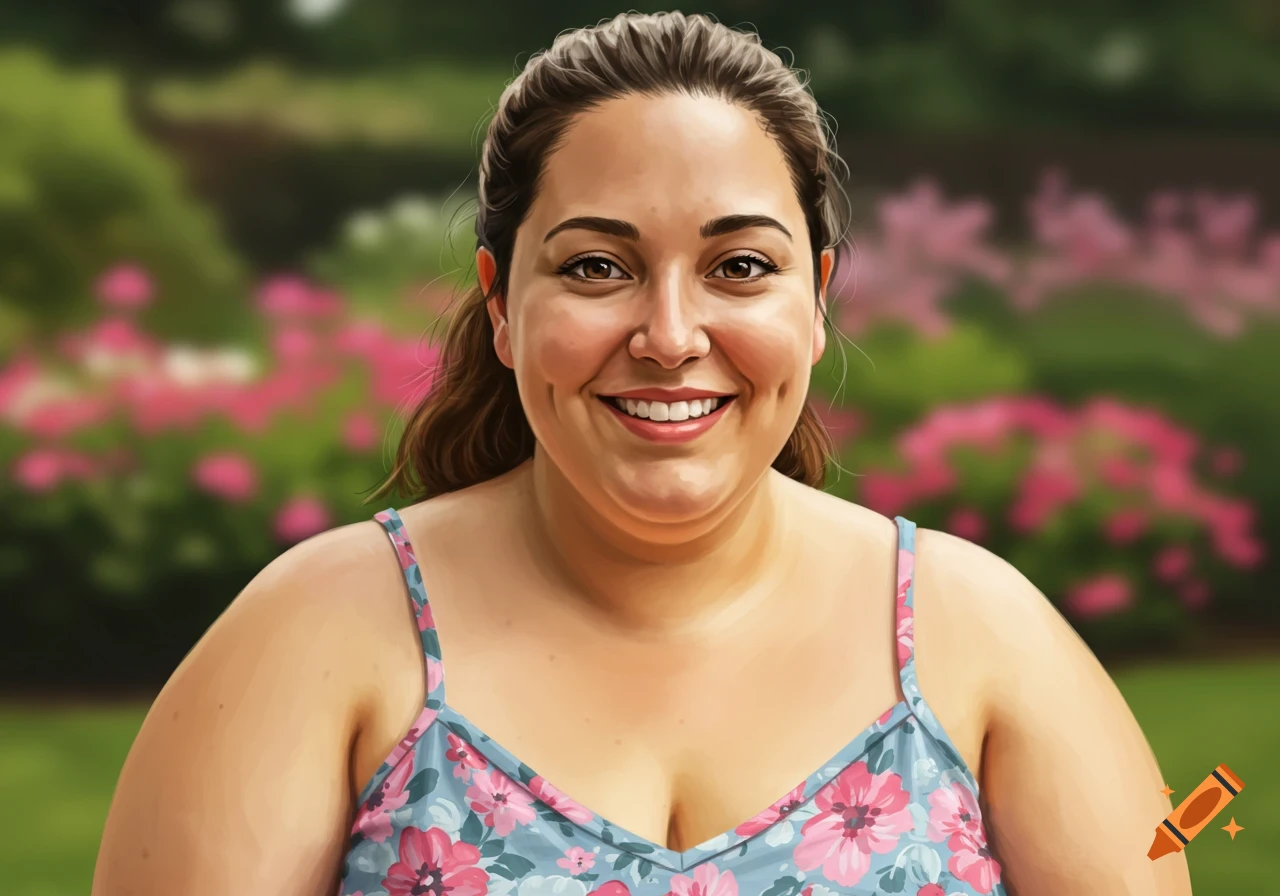 Smiling woman with dimples in a floral top, outdoors against a blurred garden background, in a painted style.