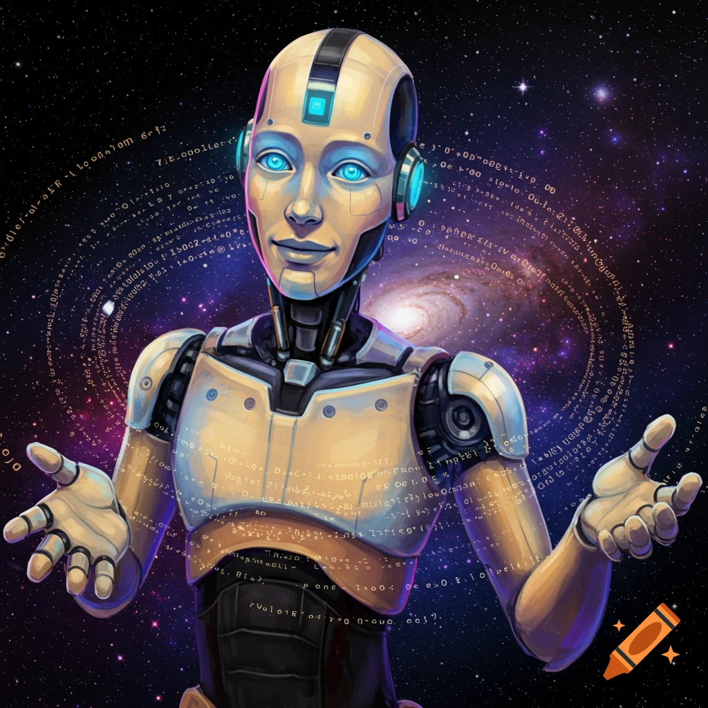 A humanoid robot with glowing blue eyes and metallic armor stands against a starry space background with a galaxy and data streams.
