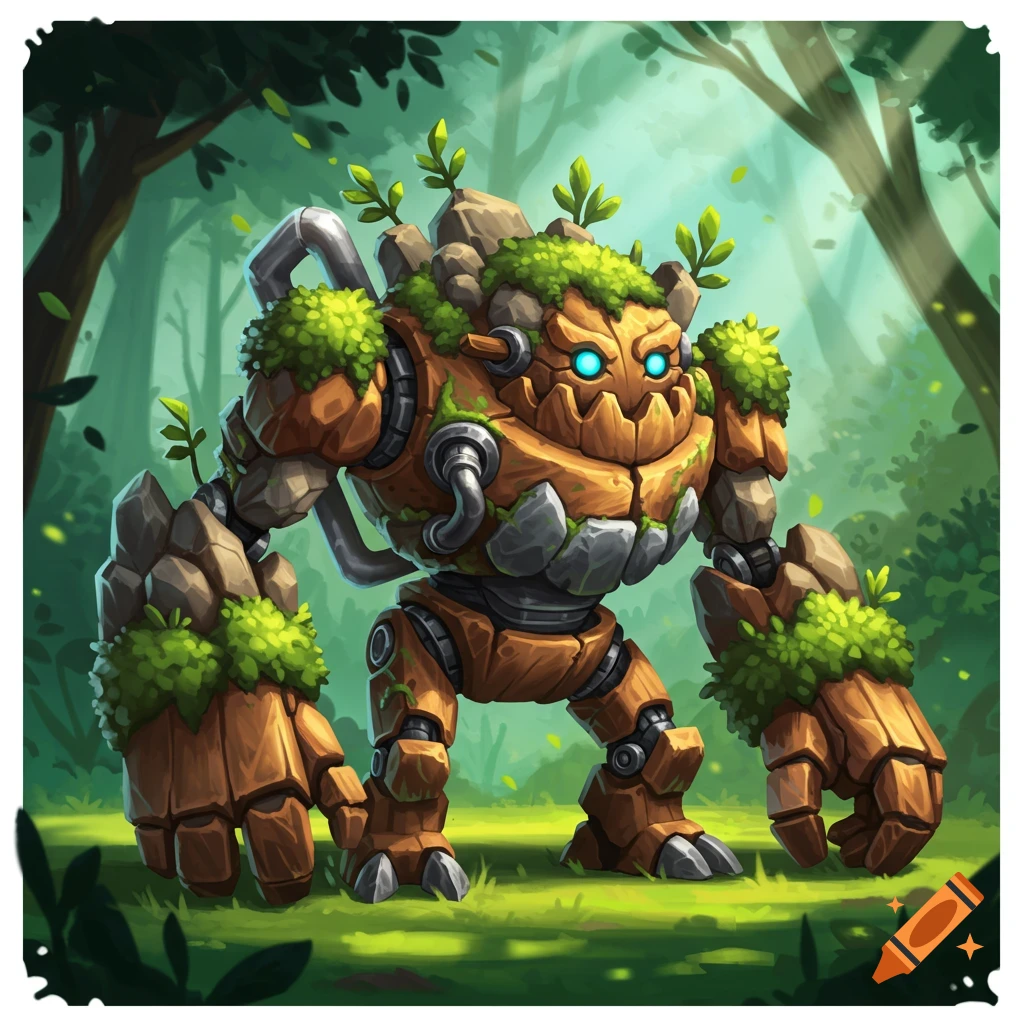 A friendly, stylized fantasy monster of wood, rocks, and moss, with mechanical parts and glowing blue eyes, stands in a lush forest.
