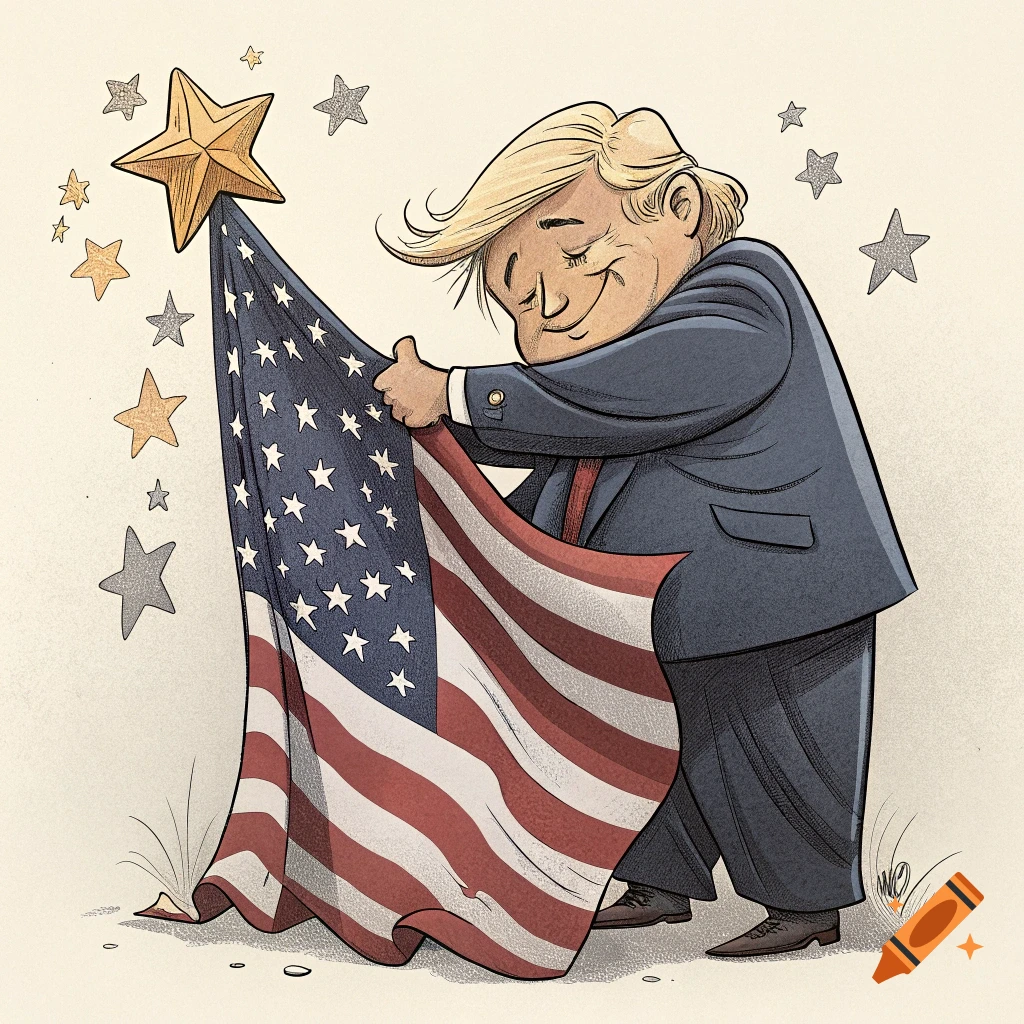 A cartoon caricature of former President Trump embracing the American flag, reaching for a golden star.