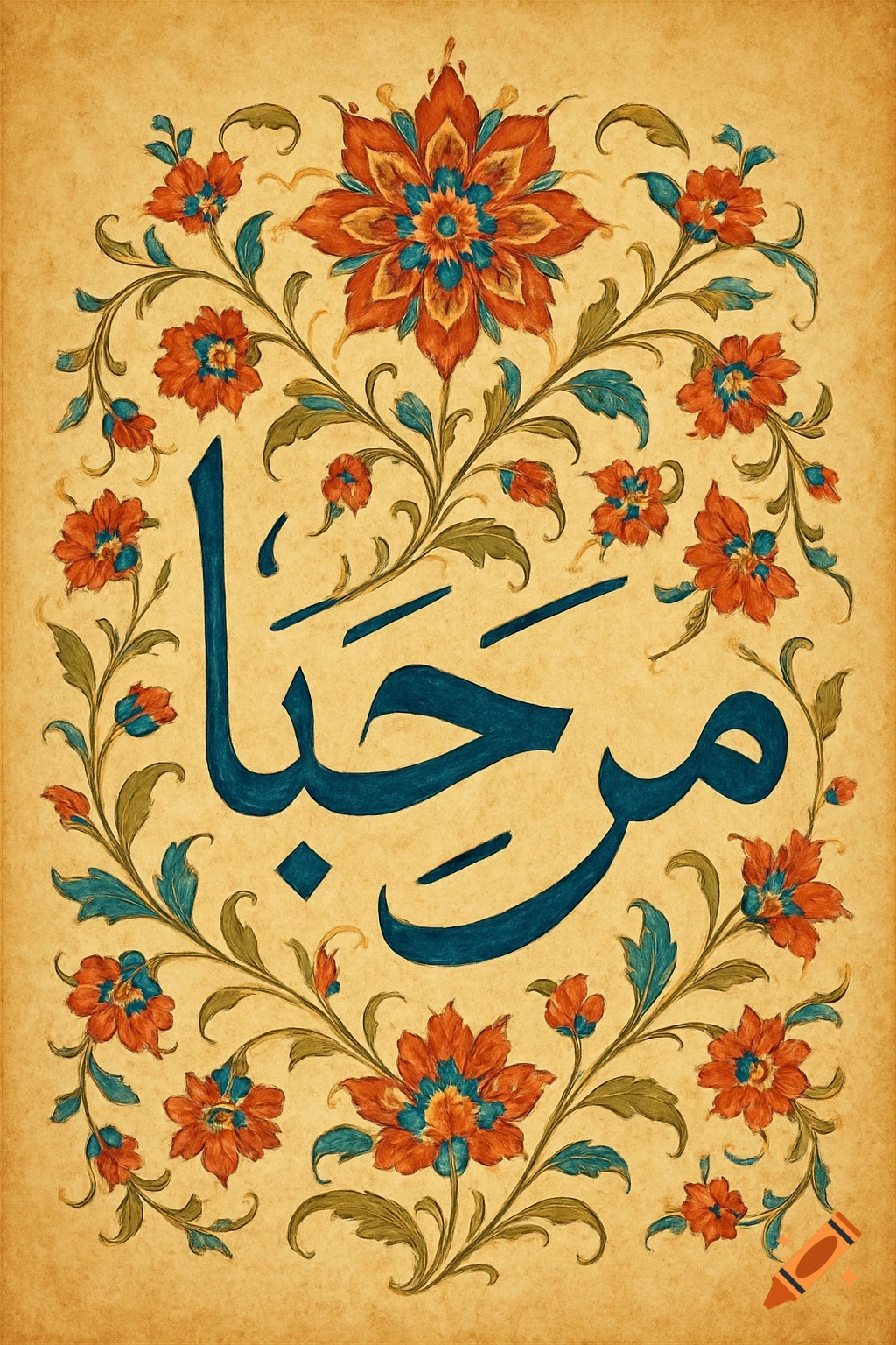 Arabic calligraphy for 'Marhaba' (Hello) in blue, surrounded by intricate red and blue floral patterns on a textured beige background.