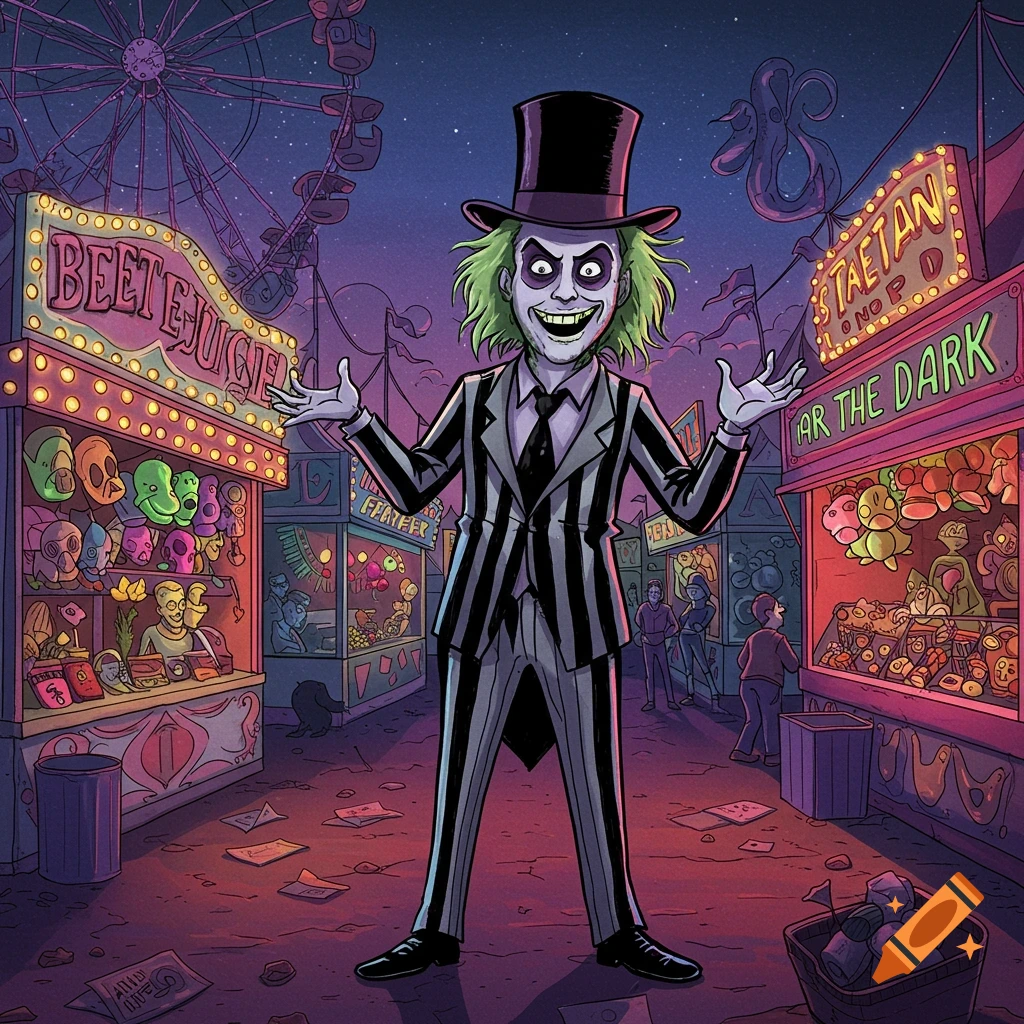 Cartoon illustration of Beetlejuice in a striped suit and top hat, standing in a lively carnival aisle at night with colorful stalls and a Ferris wheel.