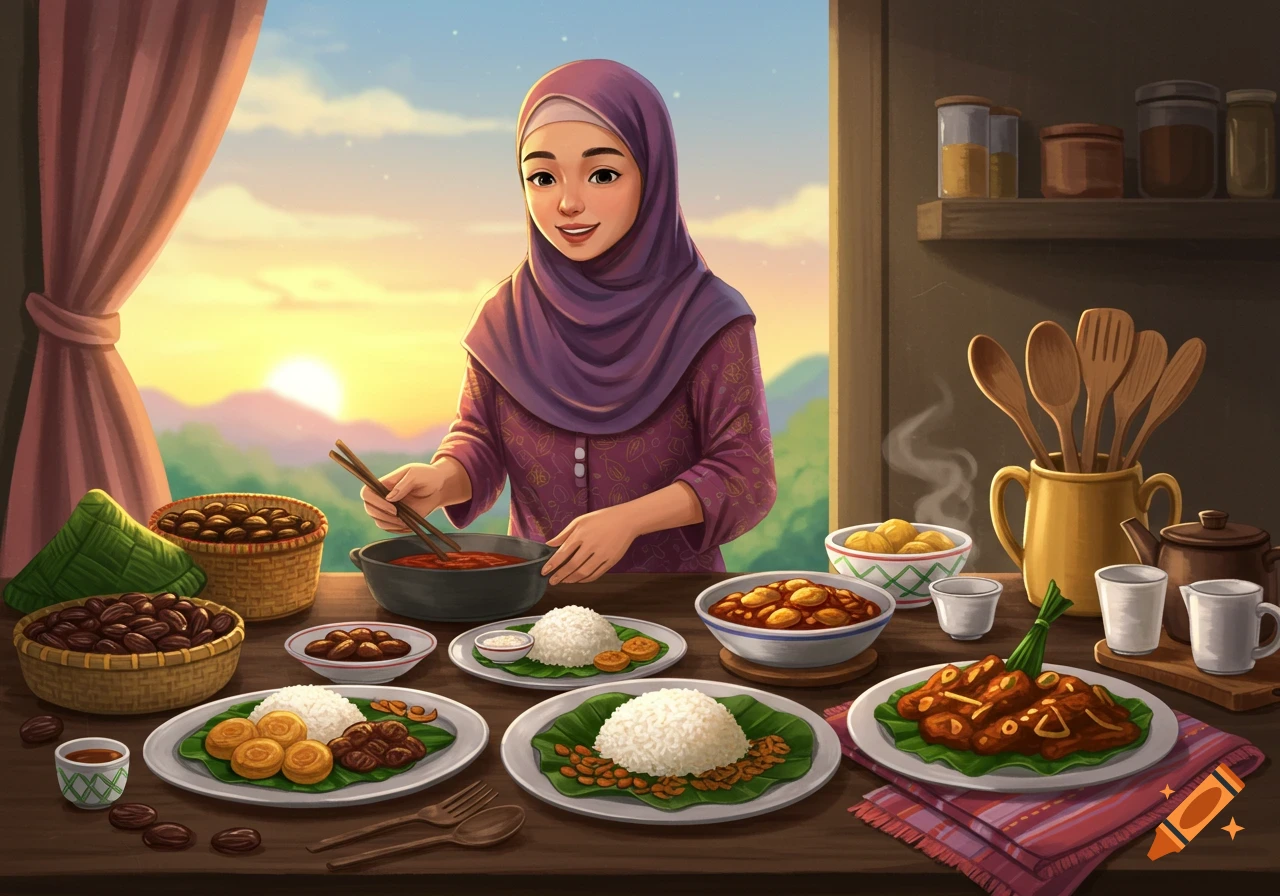 An illustration of a smiling woman in a hijab stirring a pot, surrounded by a feast of traditional dishes on a table, with a sunset background.