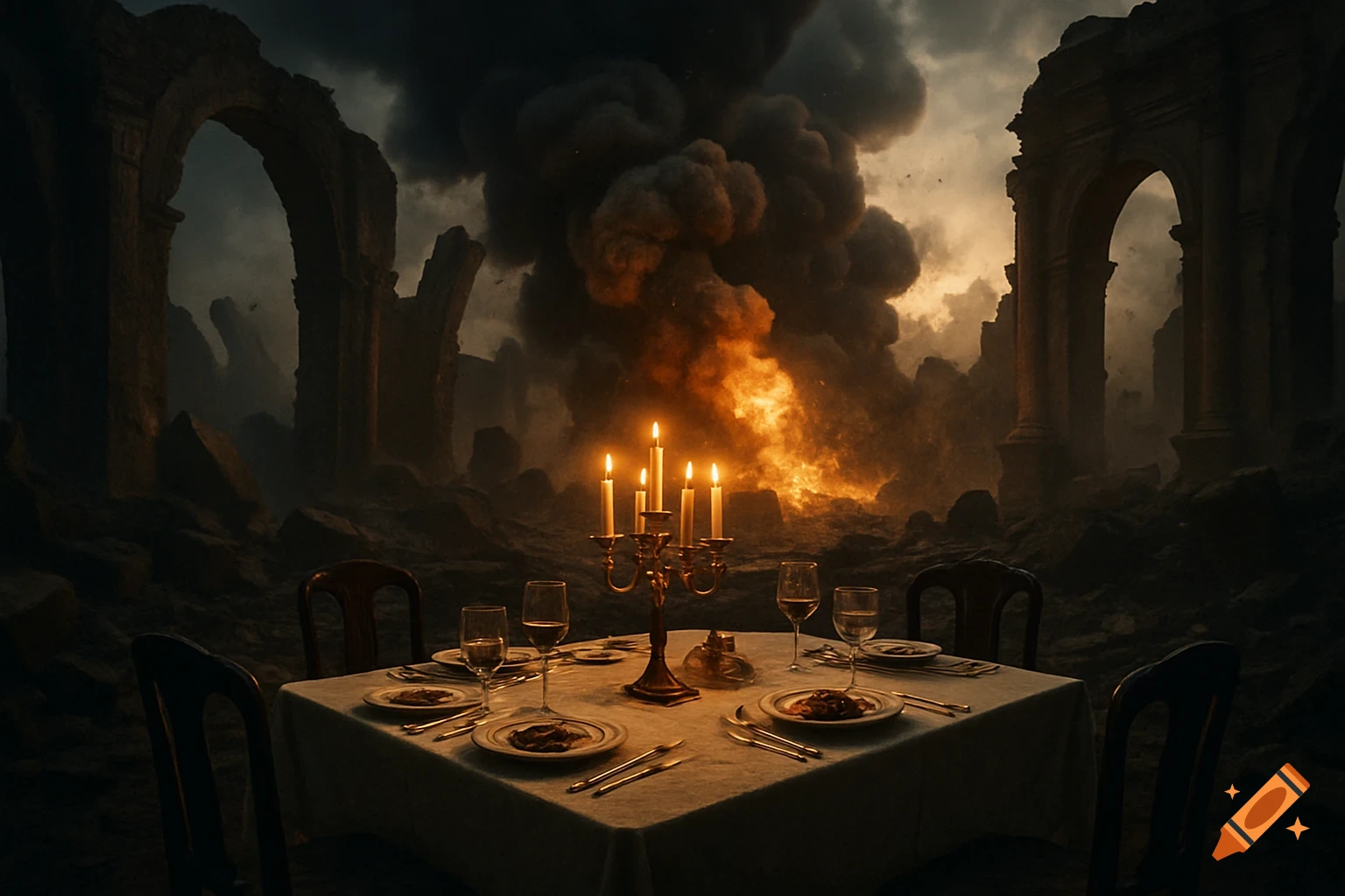 A formal dinner table with lit candles sits among ancient ruins with a large, fiery explosion and smoke in the background.