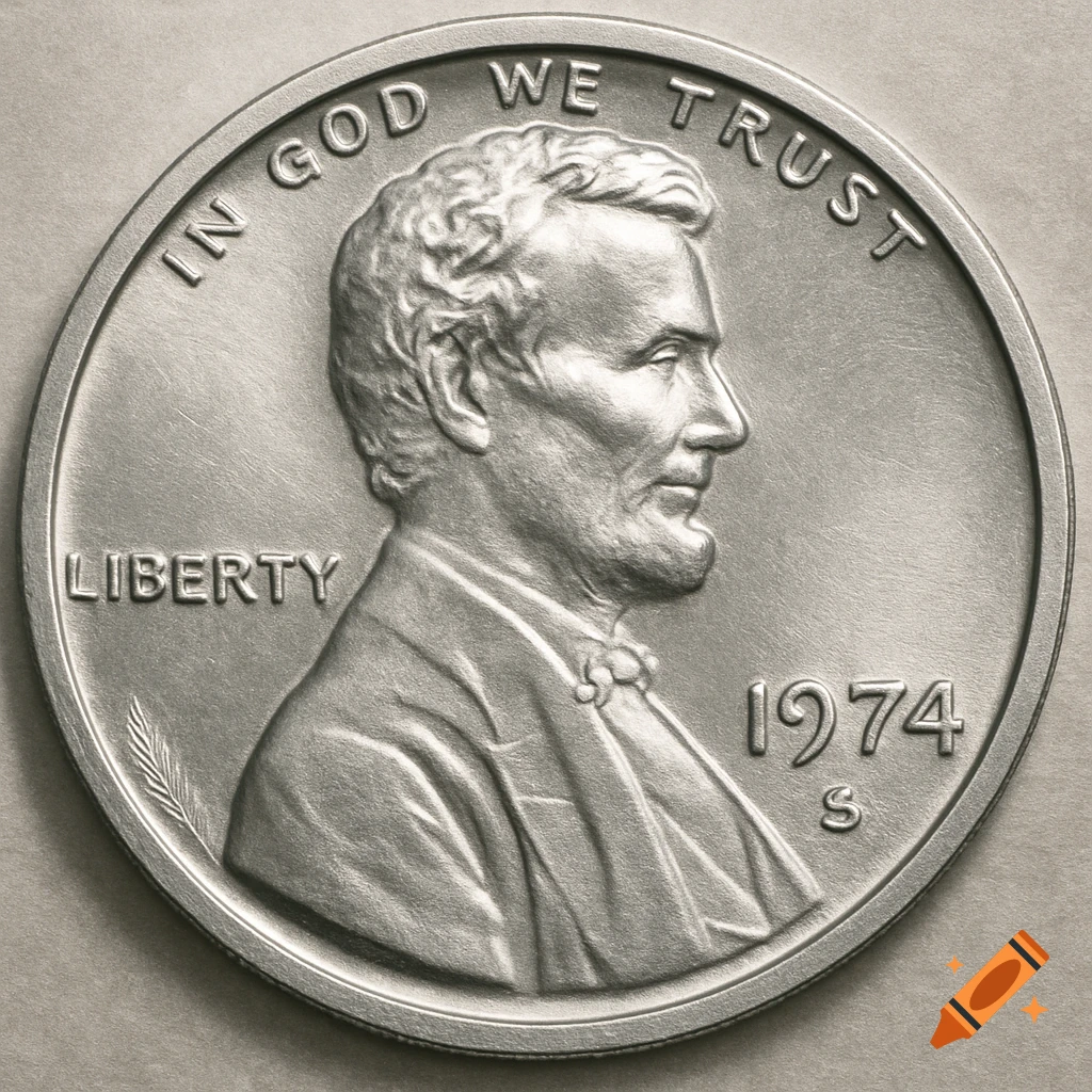 A close-up of a shiny silver-colored 1974 S Lincoln penny with Abraham Lincoln's profile.